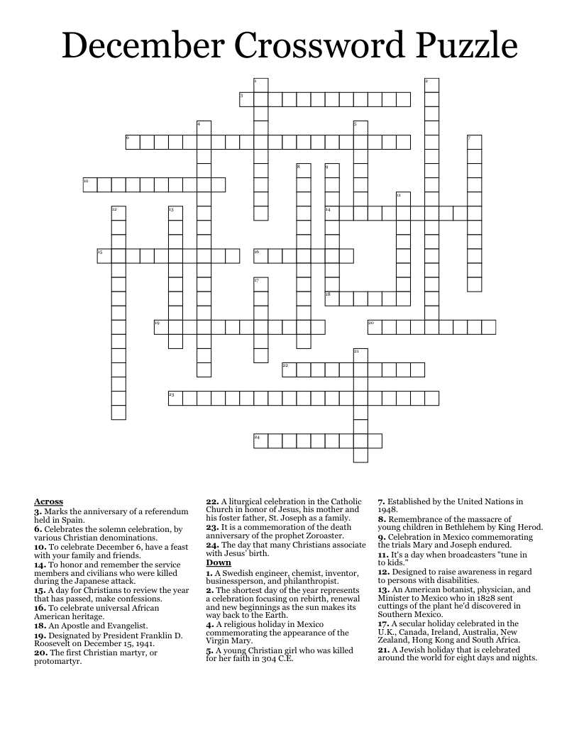 December Crossword Puzzle WordMint