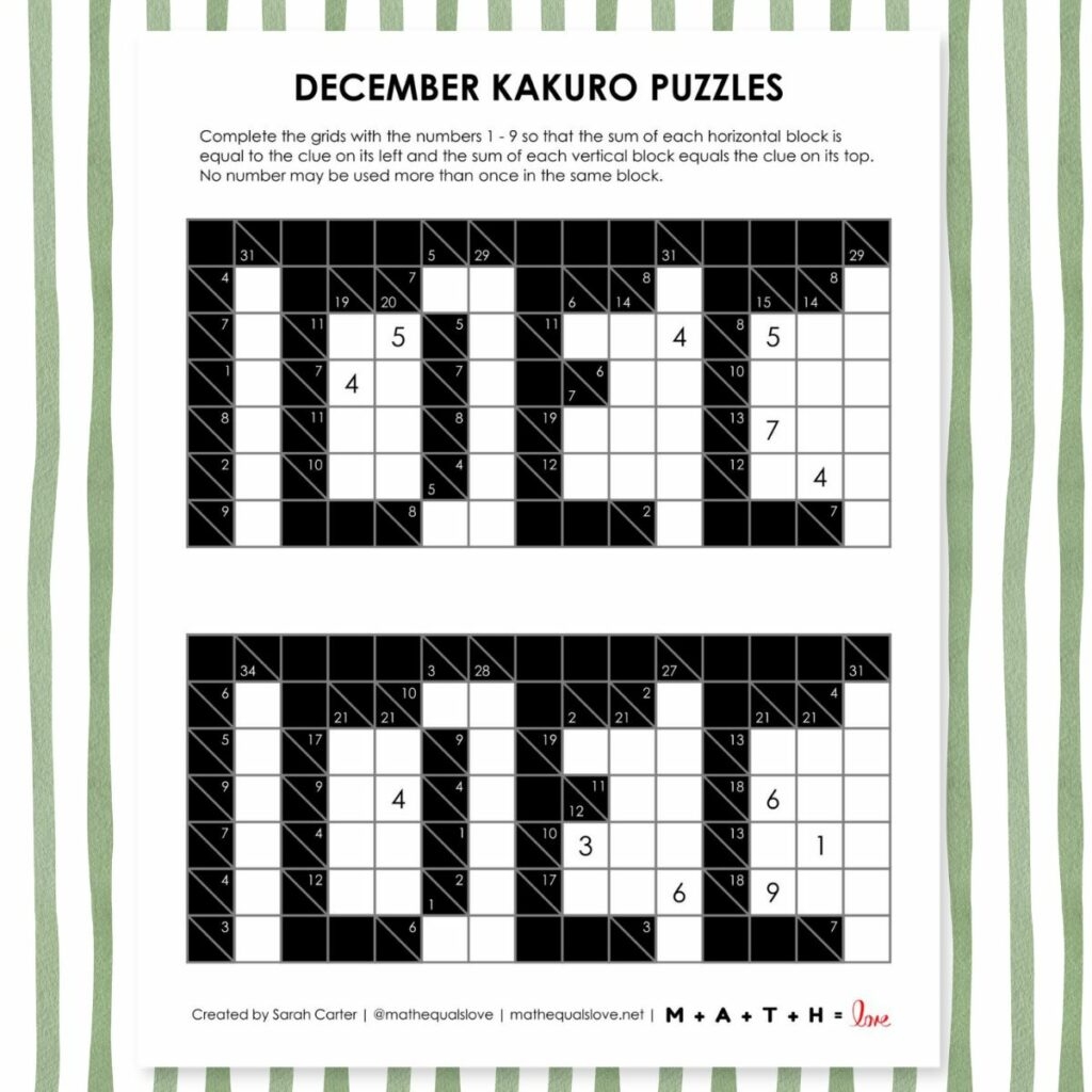 December Kakuro Puzzles Math Love