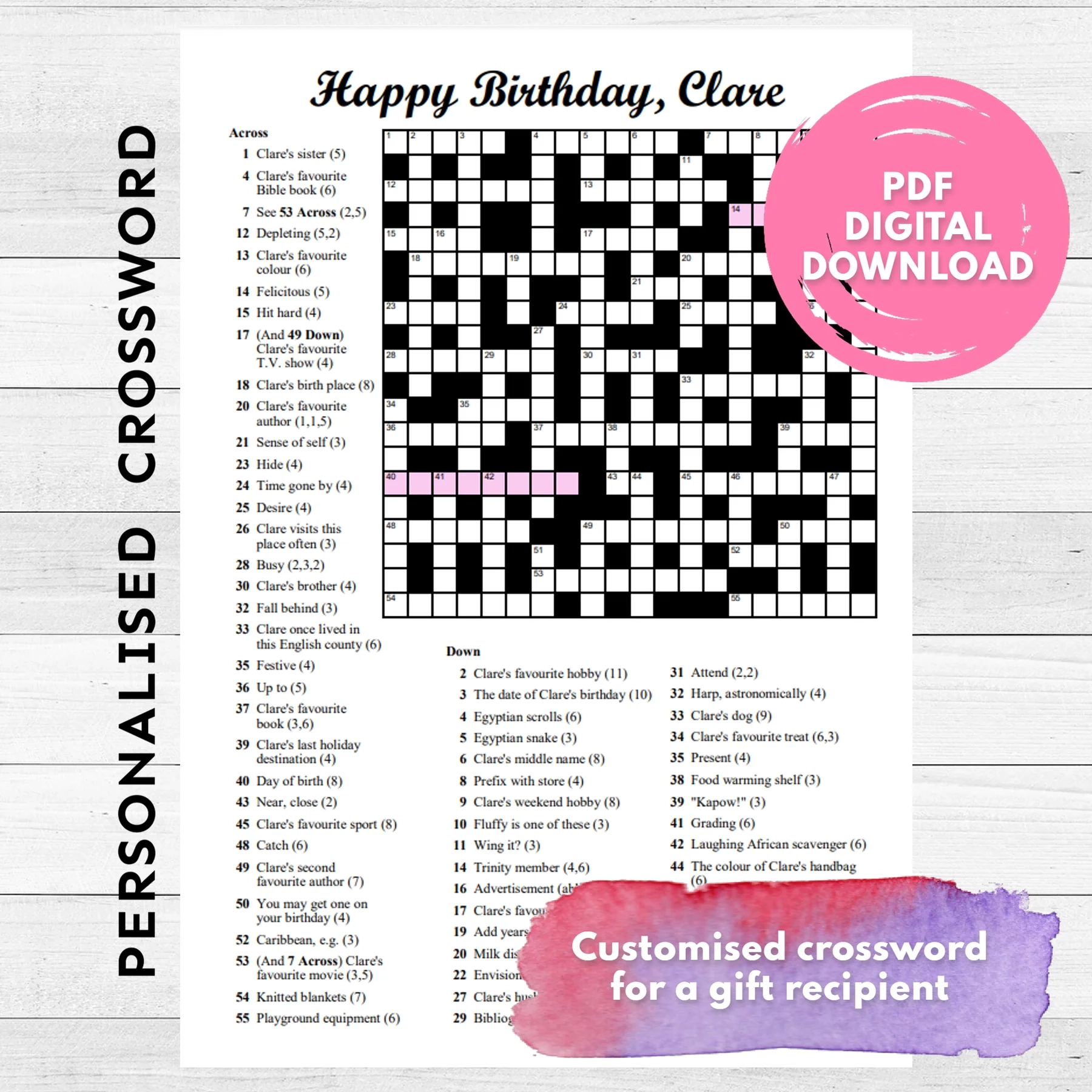DIGITAL Personalised Custom Crossword Printable PDF