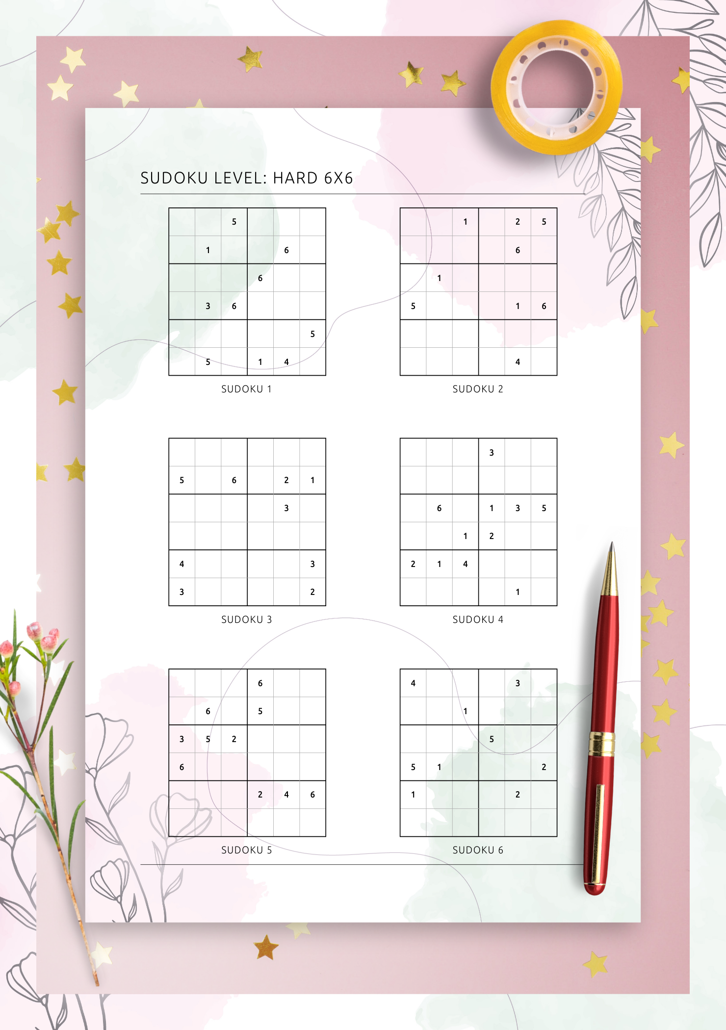 Download Printable 6x6 Hard Sudoku Vertical 6 On Page PDF