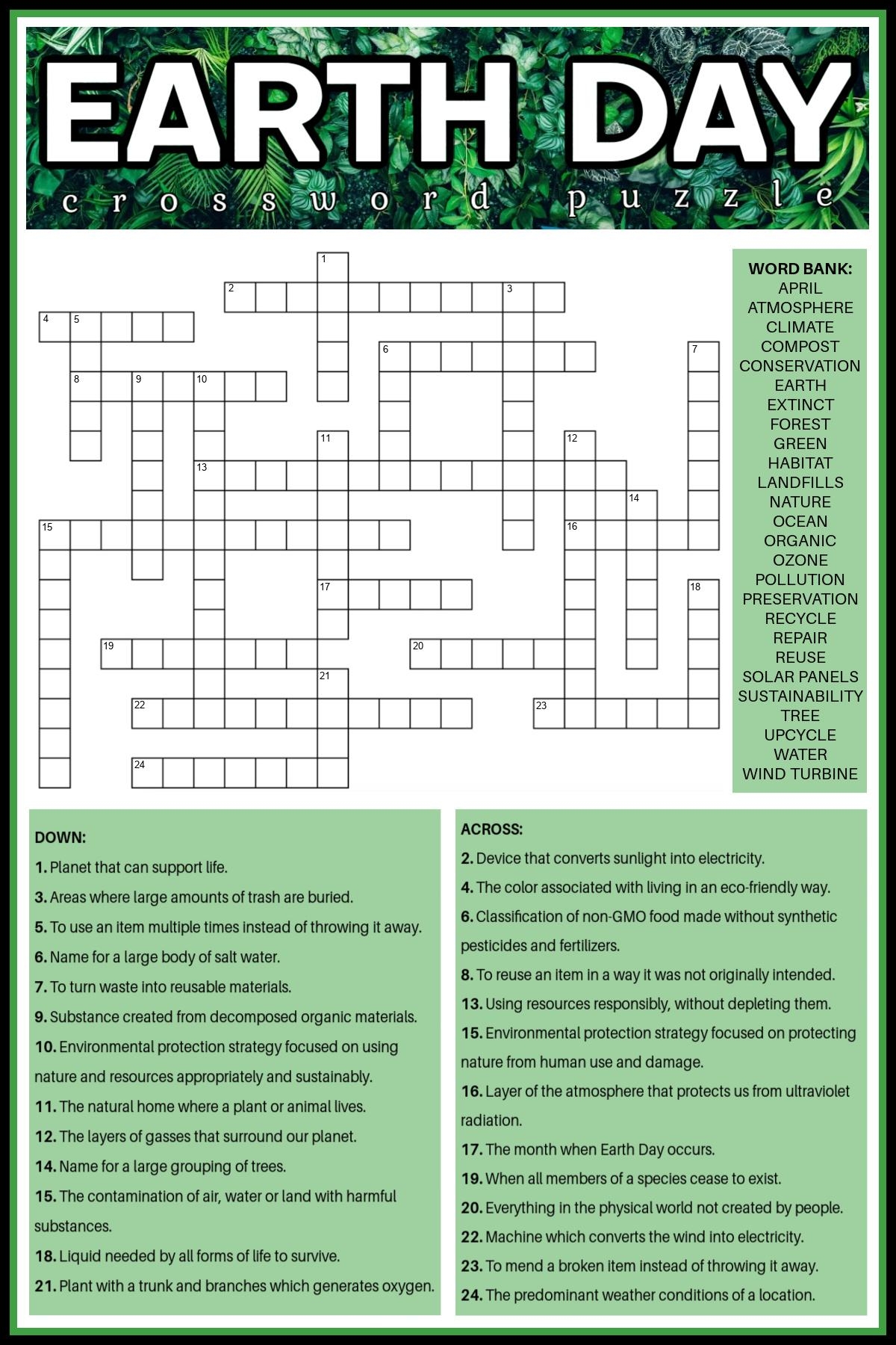Earth Day Crossword Puzzle Free Earth Day Printable Answers