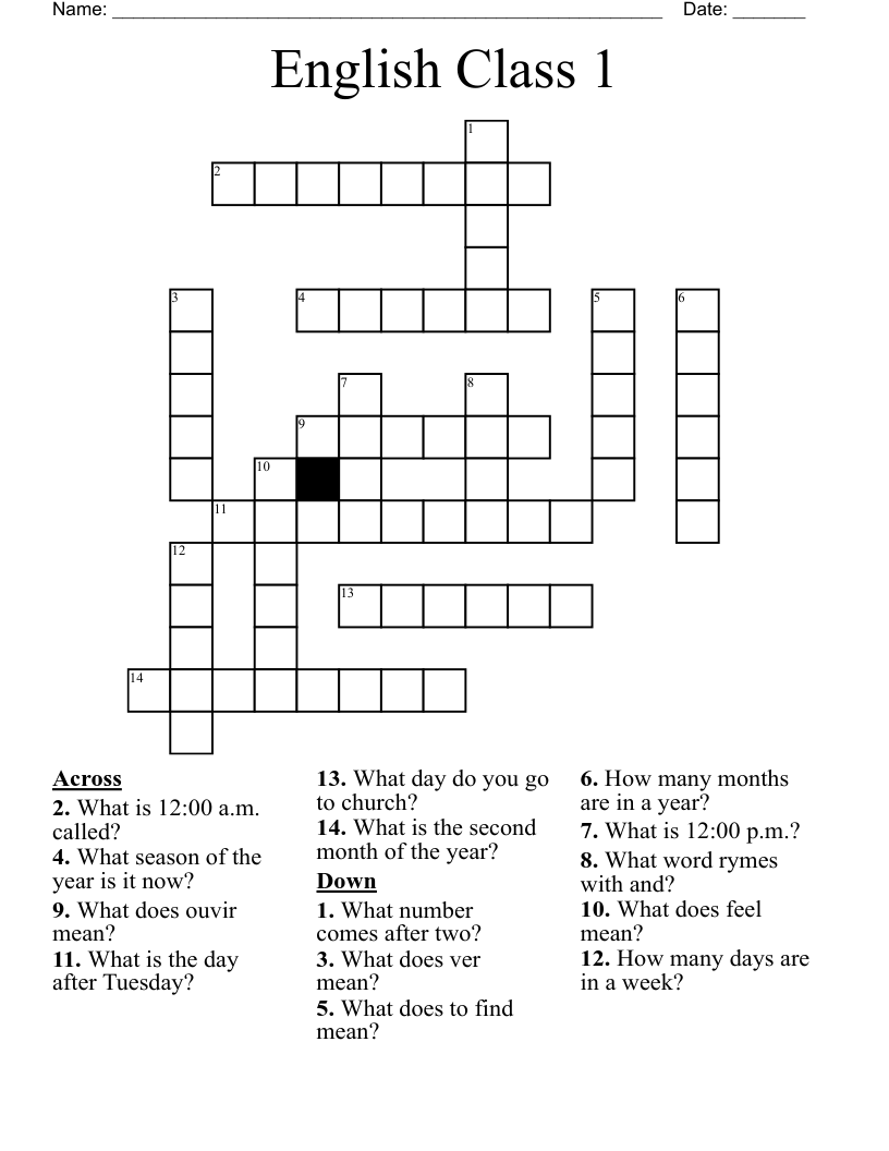 English Class 1 Crossword WordMint
