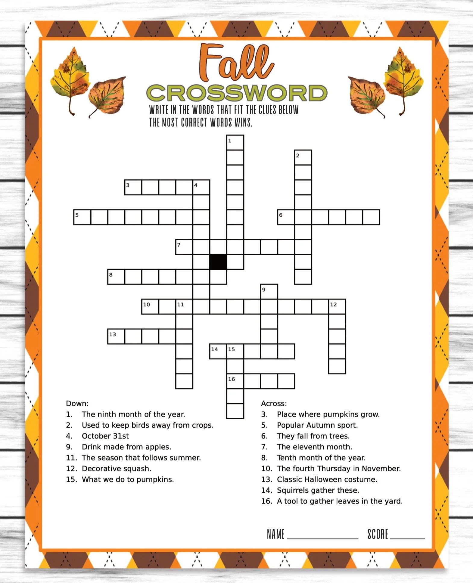 Fall Autumn Party Family Reunion Crossword Puzzle Game Printable Kids Enjoymyprintables