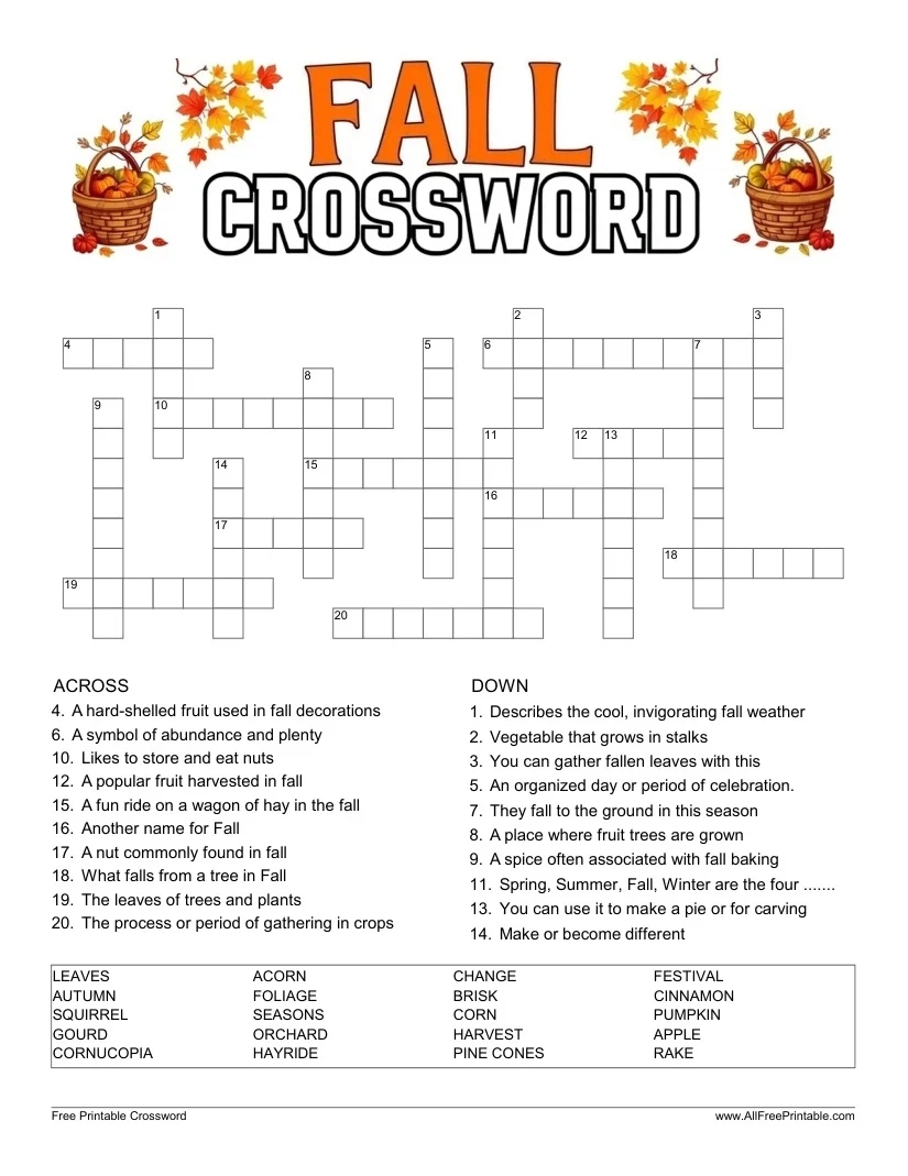 Fall Crossword Puzzle Free Printable