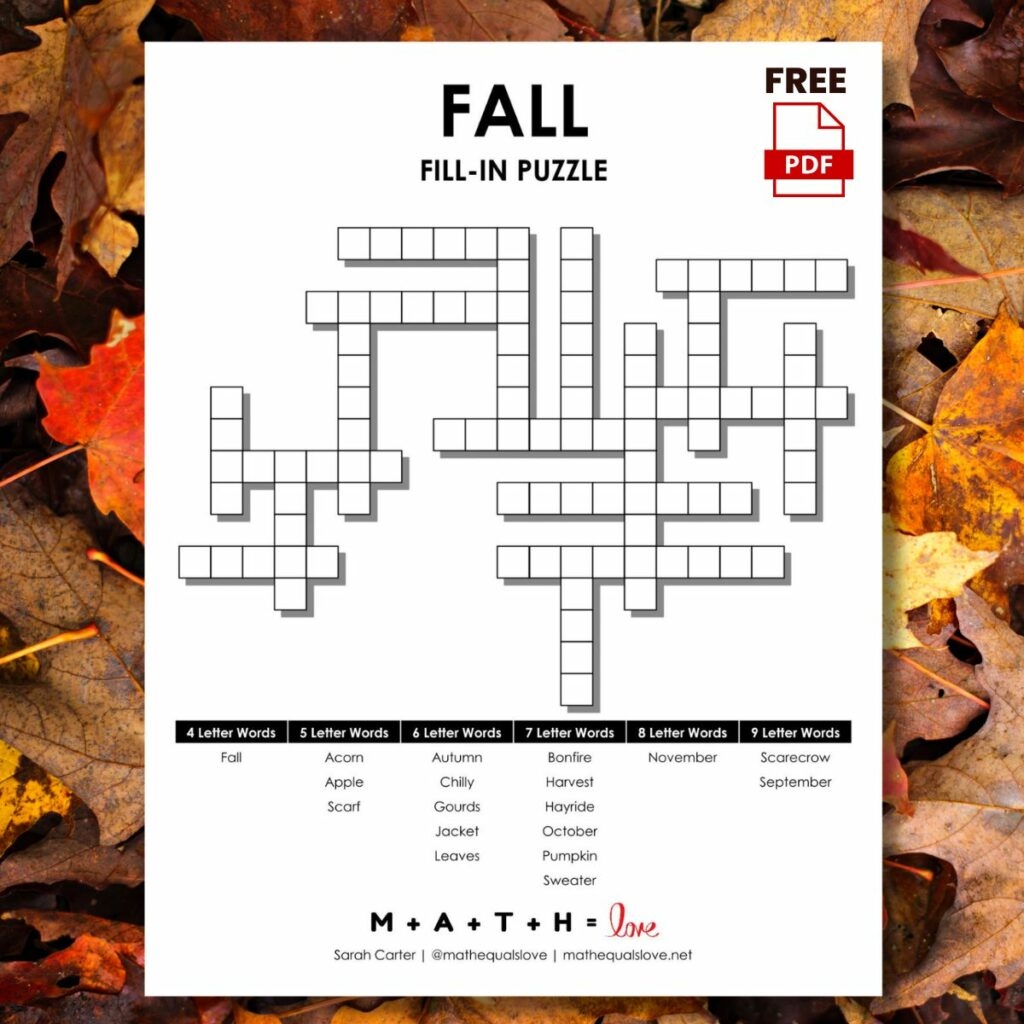 Fall Fill In Word Puzzle Math Love