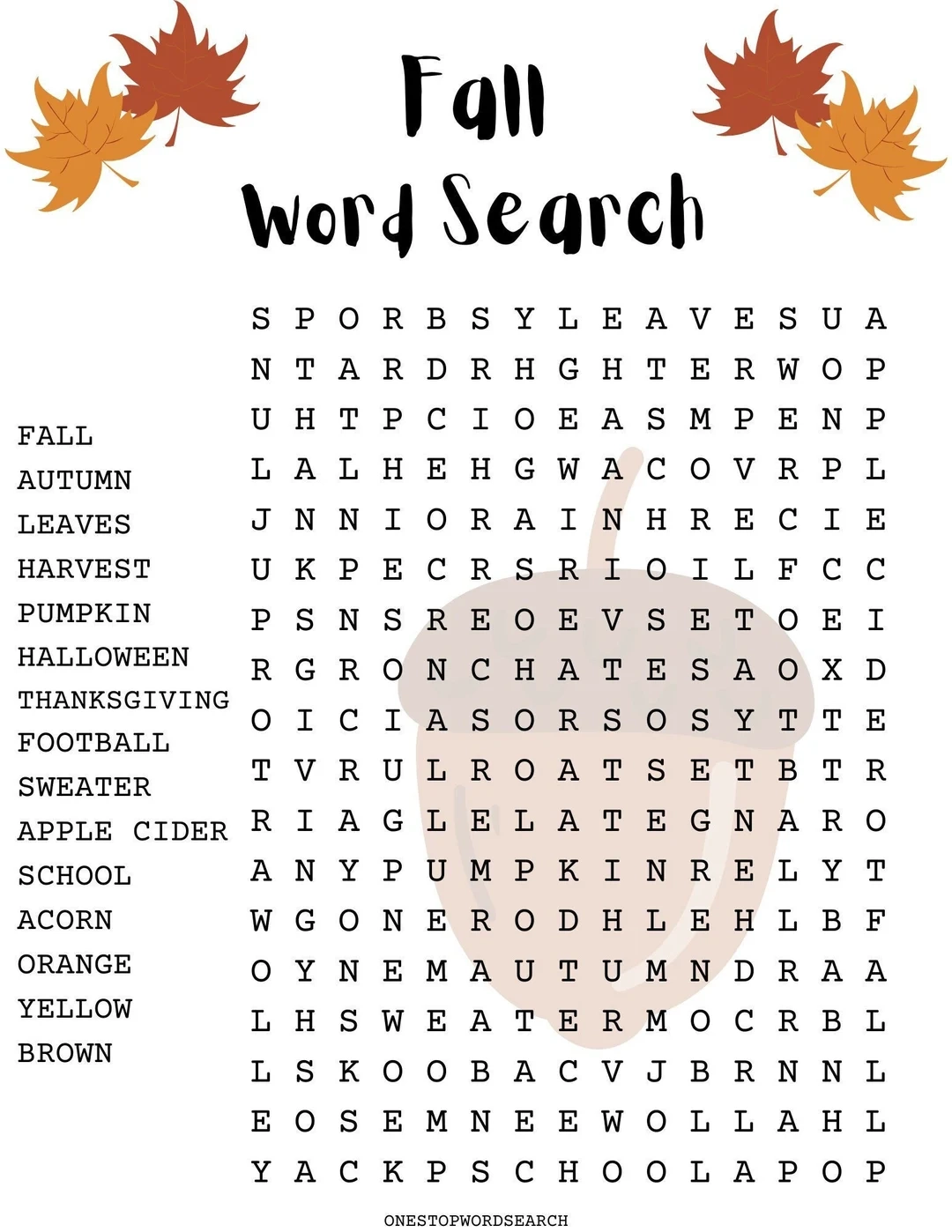 Fall Word Search Puzzle With Answer Sheet Autumn Word Search Seasonal Games Seasonal Puzzles Family Activities Children s Puzzles Etsy