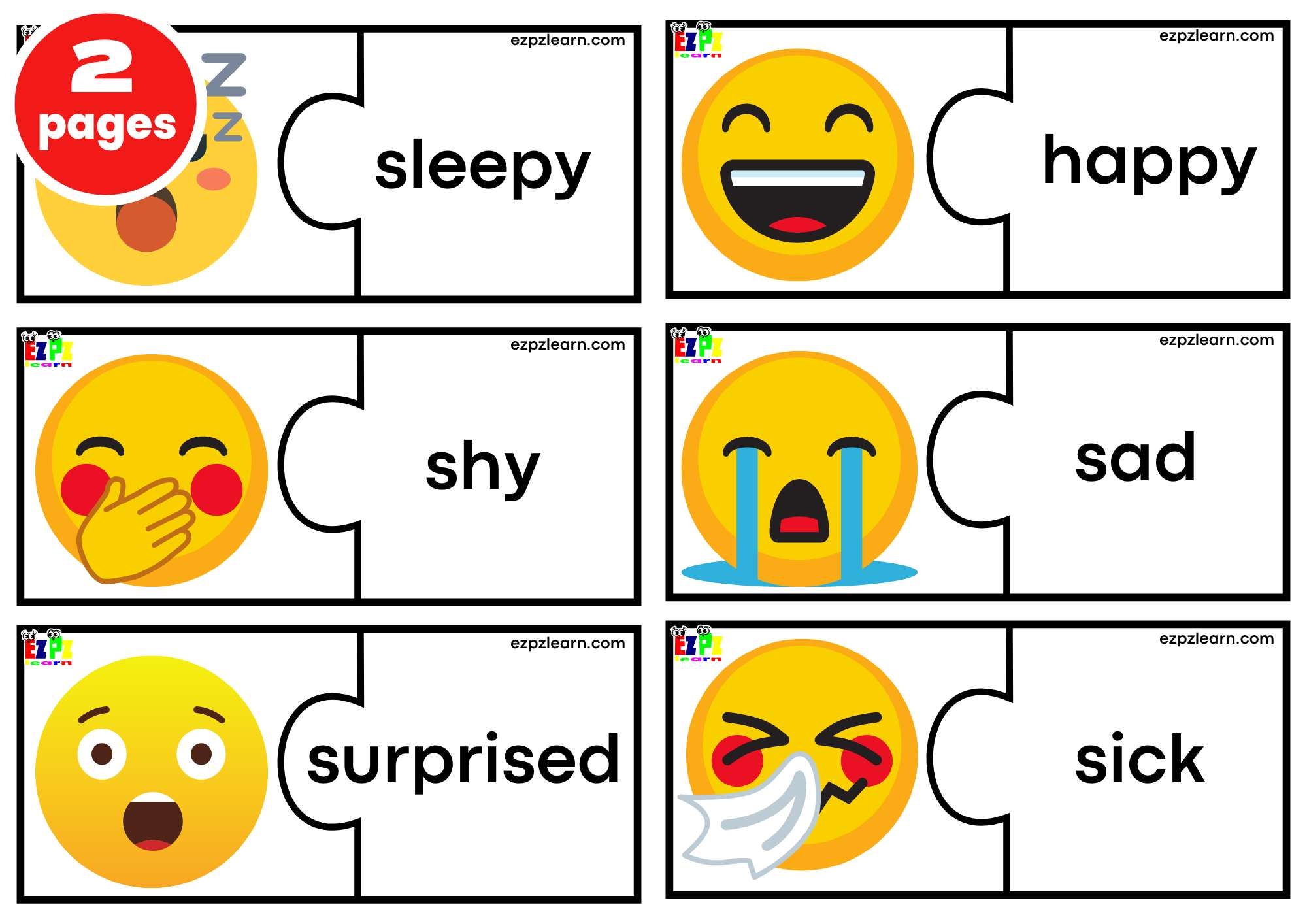 Feelings Puzzle Match Game Large Size 6 Words Per Page Free PDF Download Ezpzlearn
