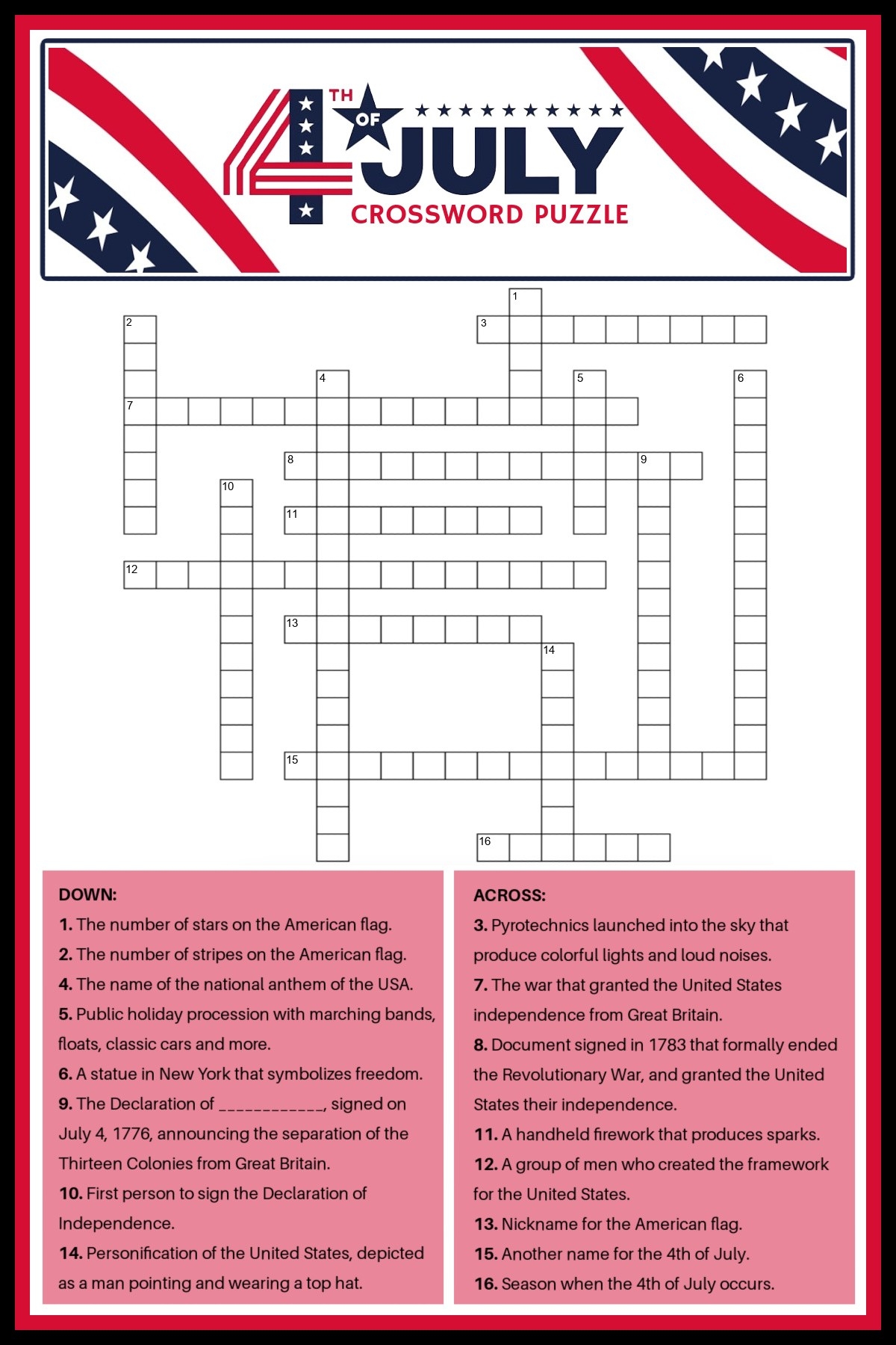 Free 4th Of July Crossword Puzzle Answer Key Included