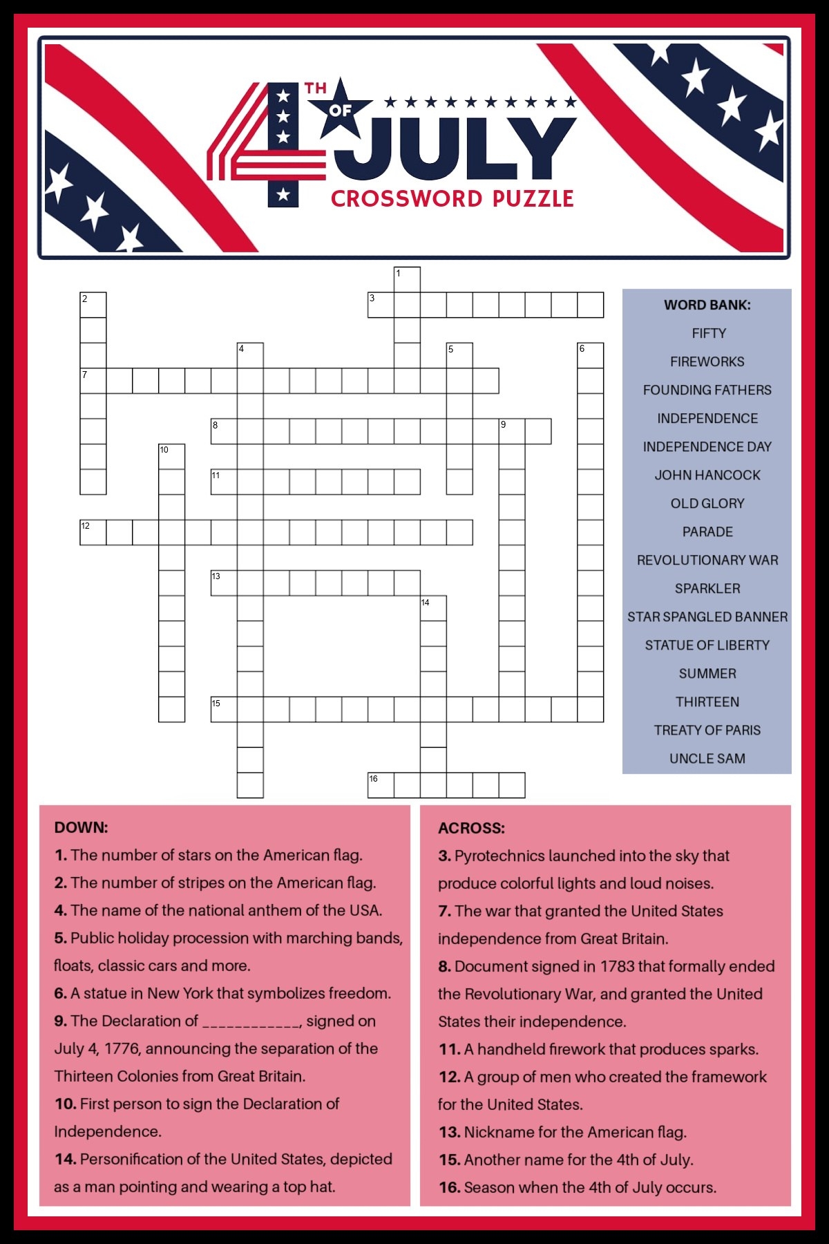 Free 4th Of July Crossword Puzzle Answer Key Included
