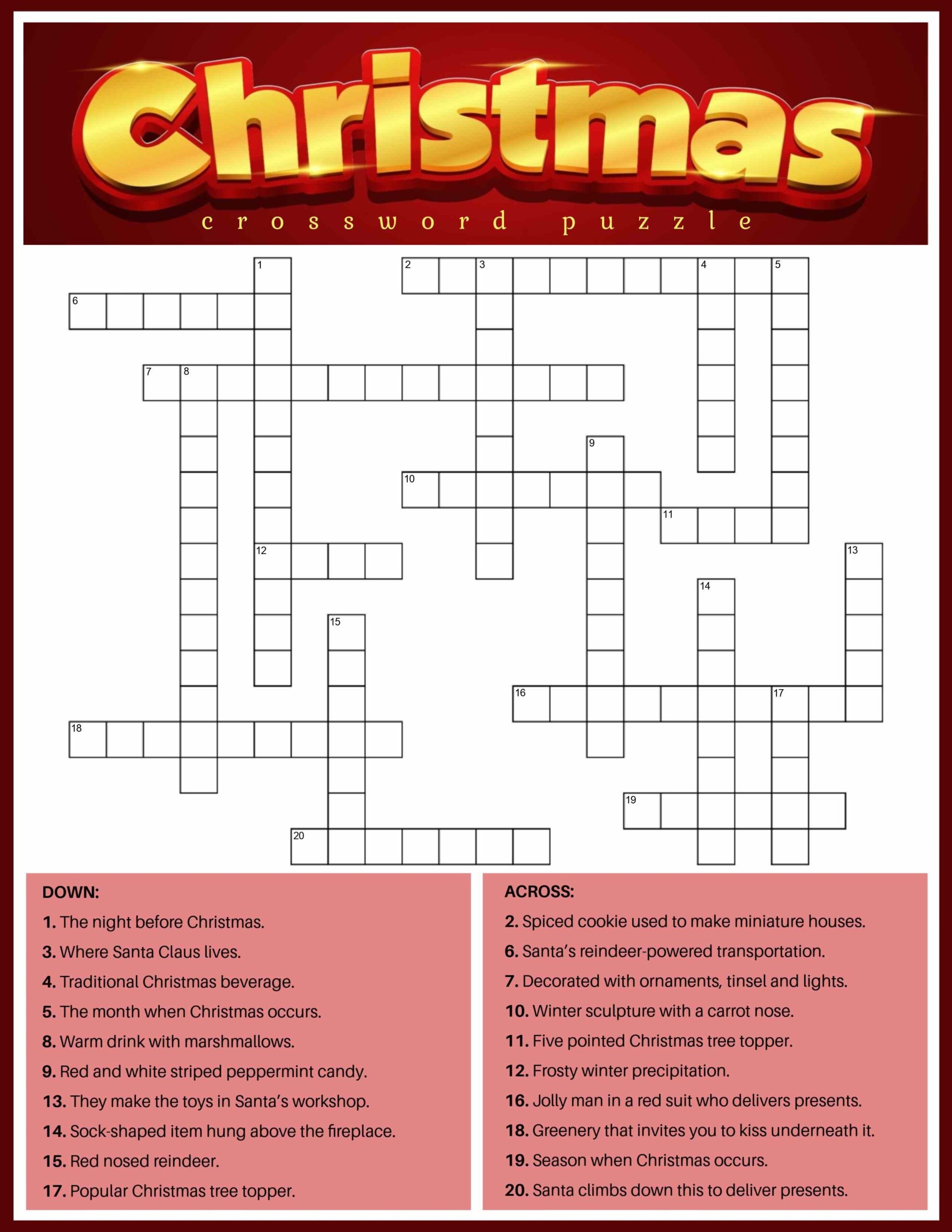 Free Christmas Crossword Puzzle Printable PDF JPG