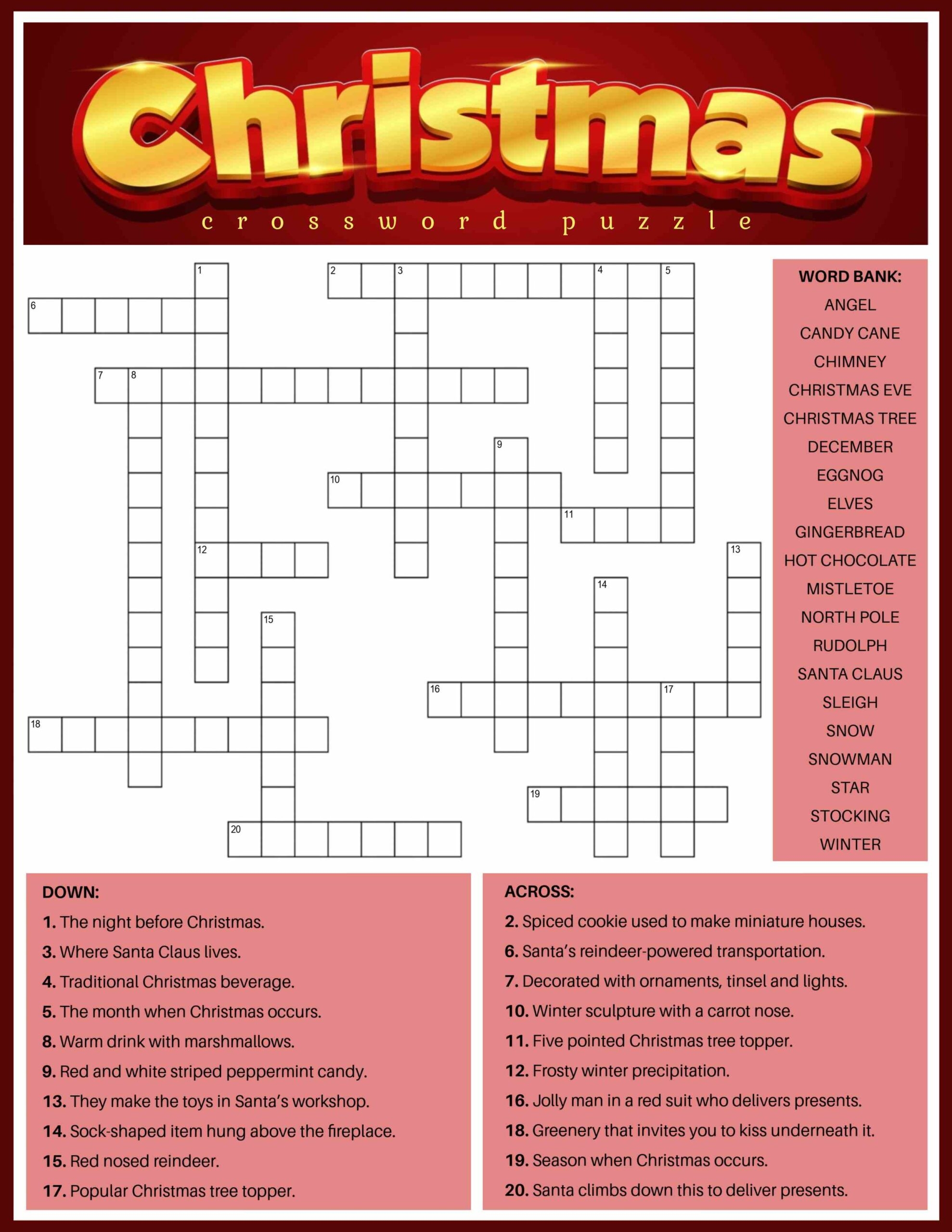 Free Christmas Crossword Puzzle Printable PDF JPG 