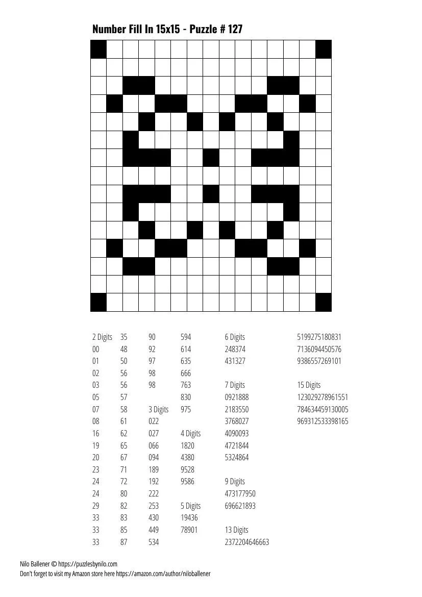 Free Downloadable Puzzle Number Fill In 15x15 127 Puzzles By Nilo
