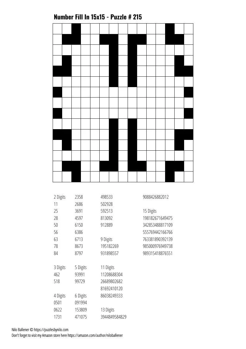 Free Downloadable Puzzle Number Fill In 15x15 215 Puzzles By Nilo
