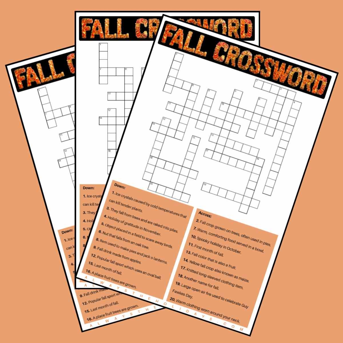 Free Fall Crossword Puzzle Printable With Answer Key Included