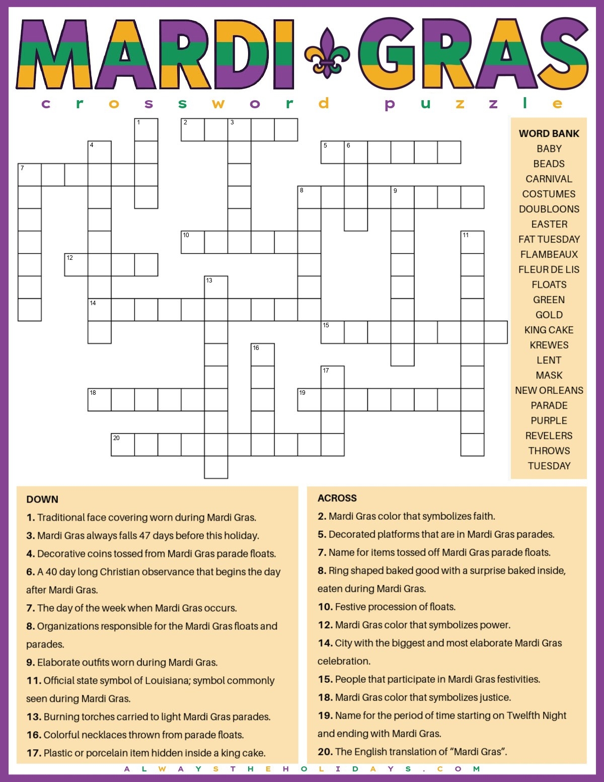 Free Mardi Gras Crossword Puzzle Printable PDF JPG 
