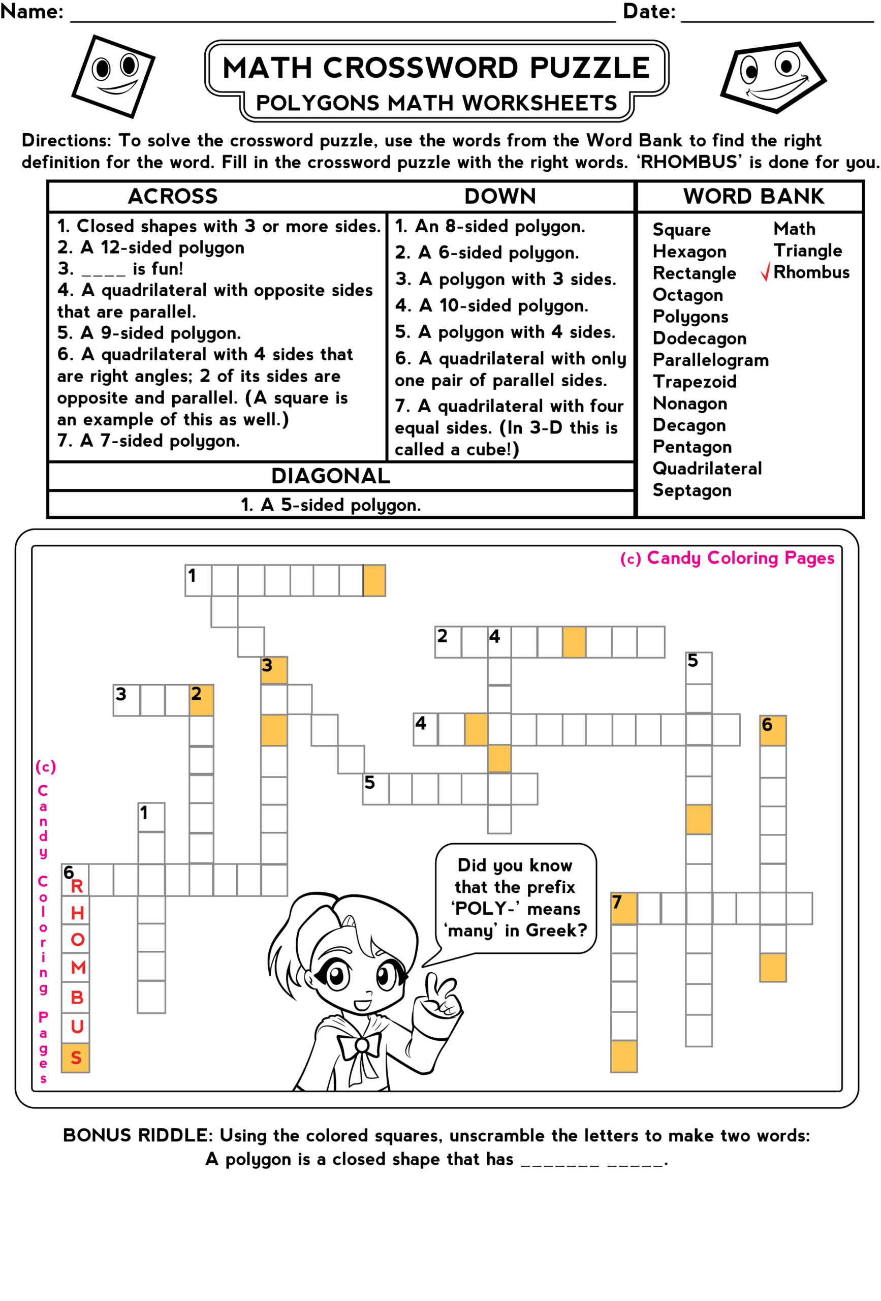 Free Math Games And Math Worksheets Free Crossword Puzzles Penny Candy Math Worksheets