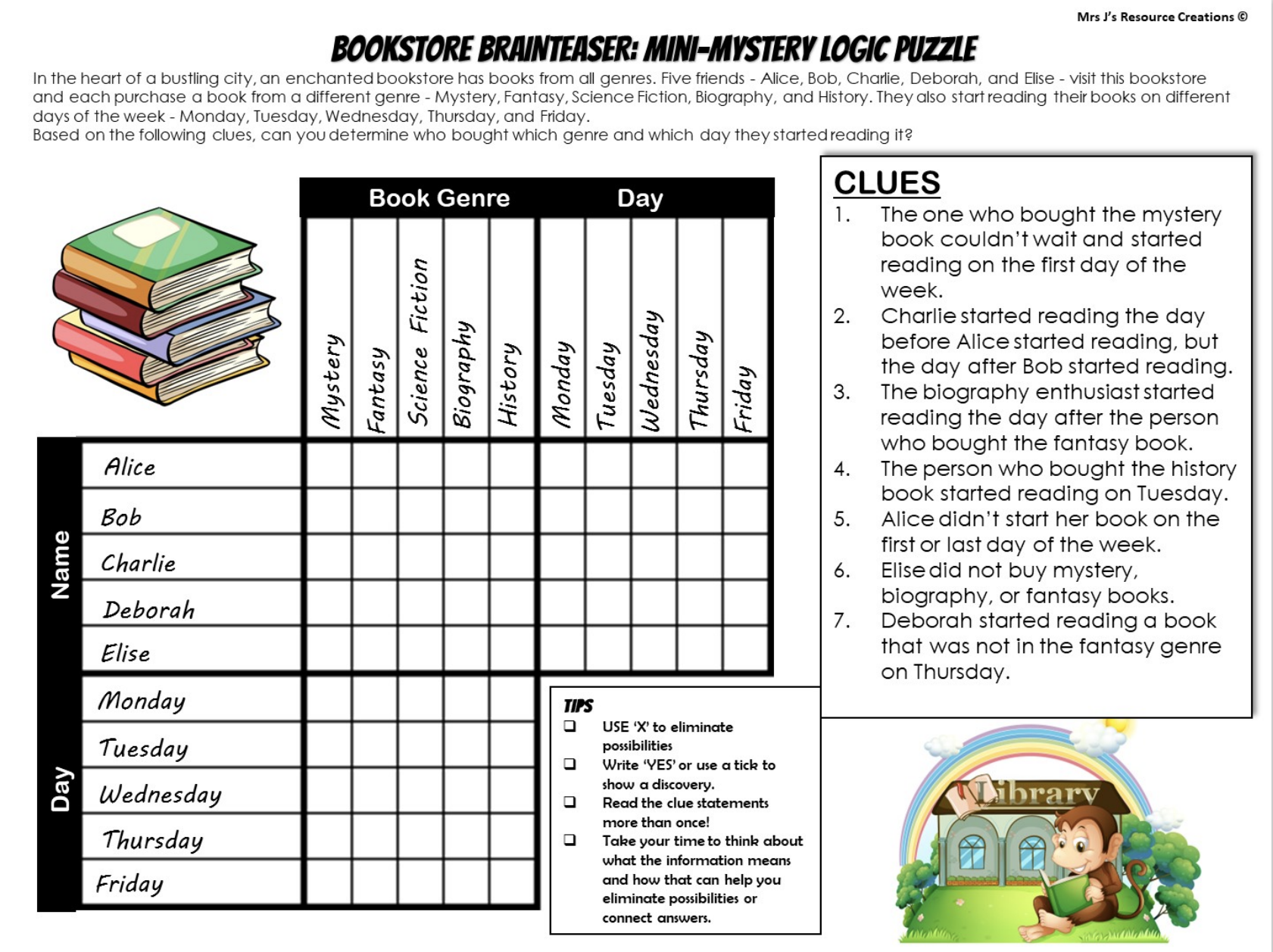 Free Mystery Logic Puzzle For Book Week Top Rated Teaching Worksheets Library