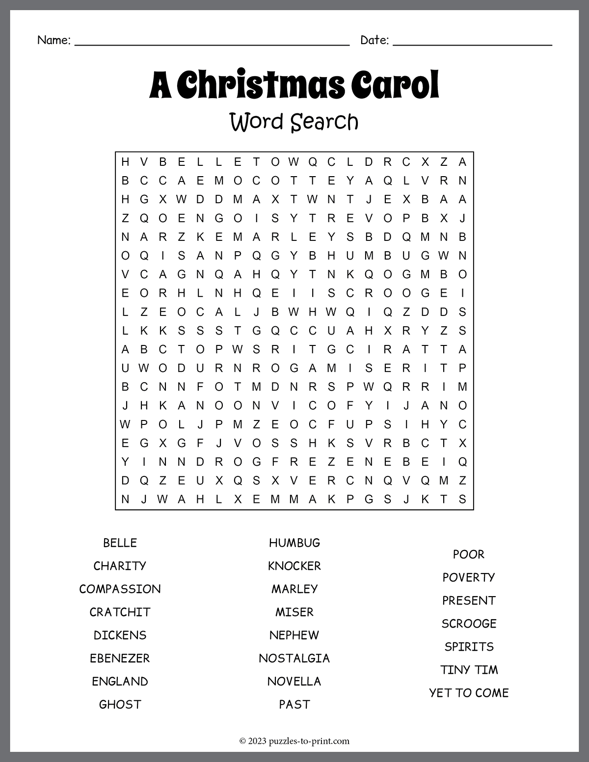Free Printable A Christmas Carol Word Search