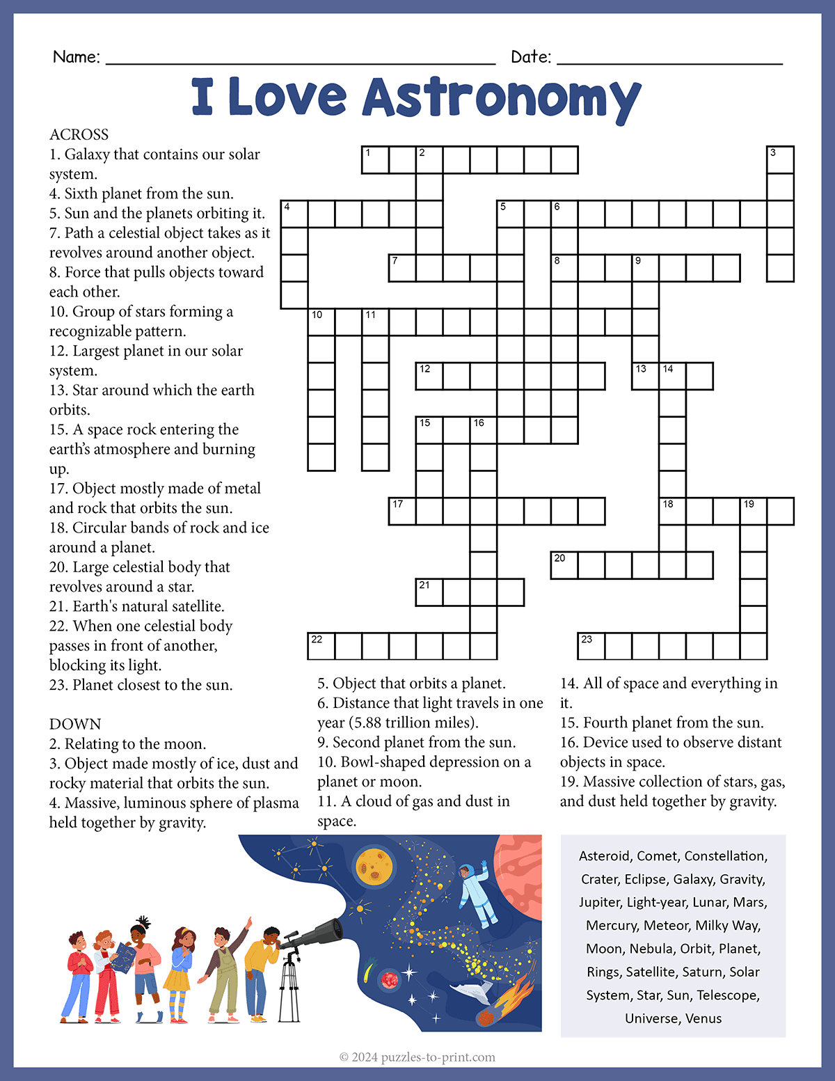 Free Printable Astronomy Crossword