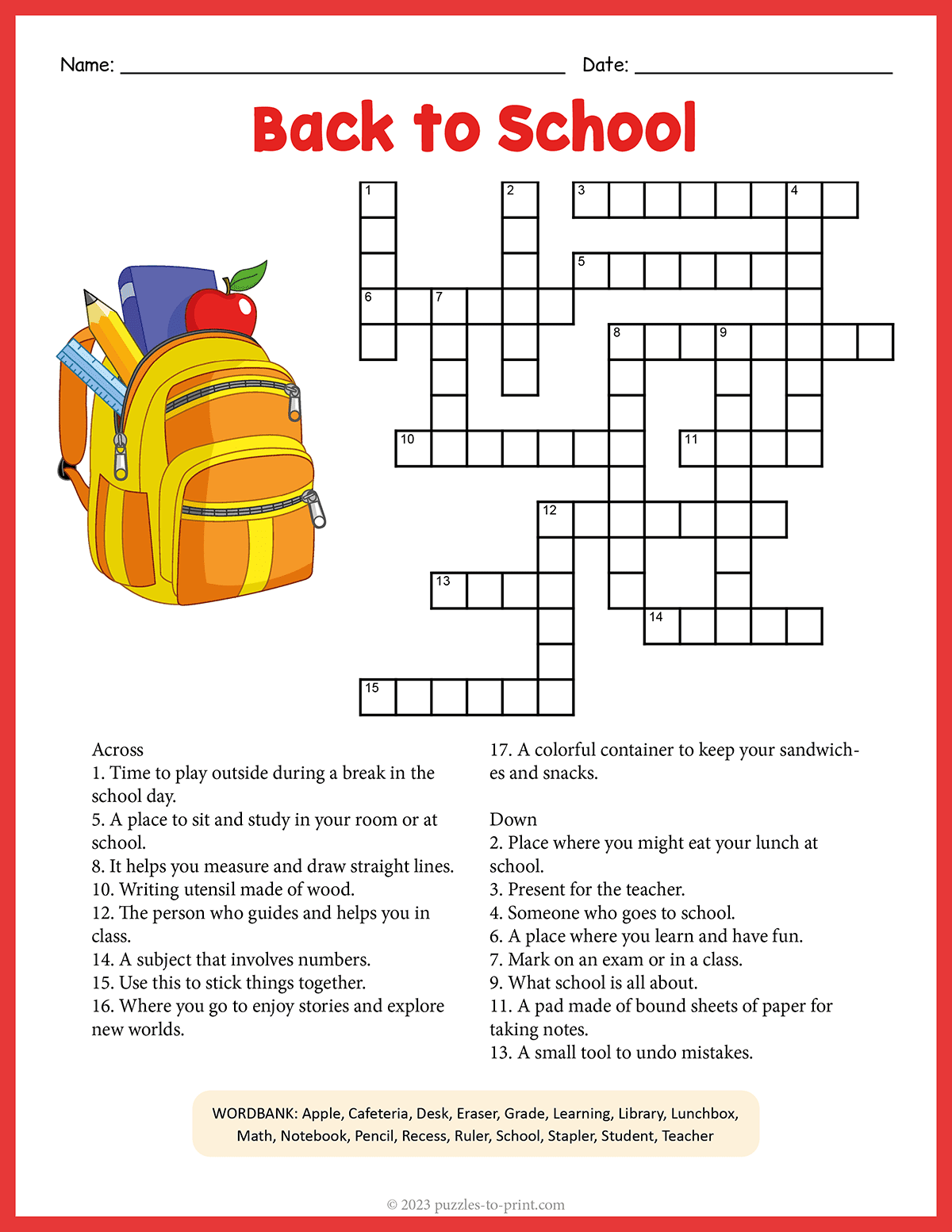 Free Printable Back To School Crossword