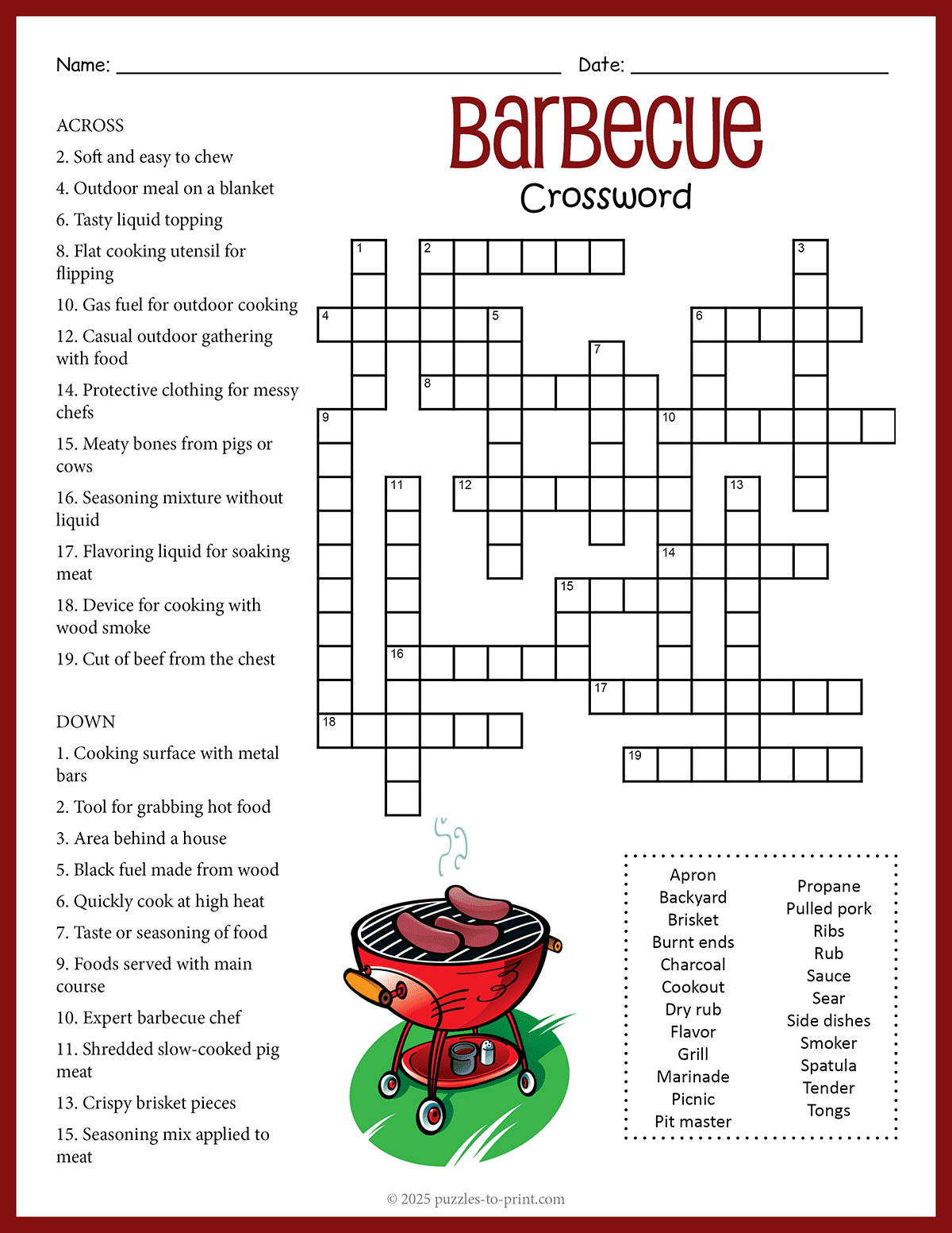 Free Printable Barbecue Crossword