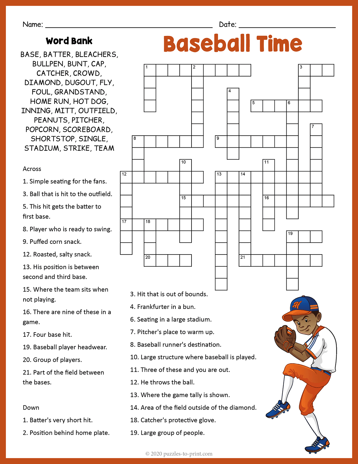 Free Printable Baseball Crossword