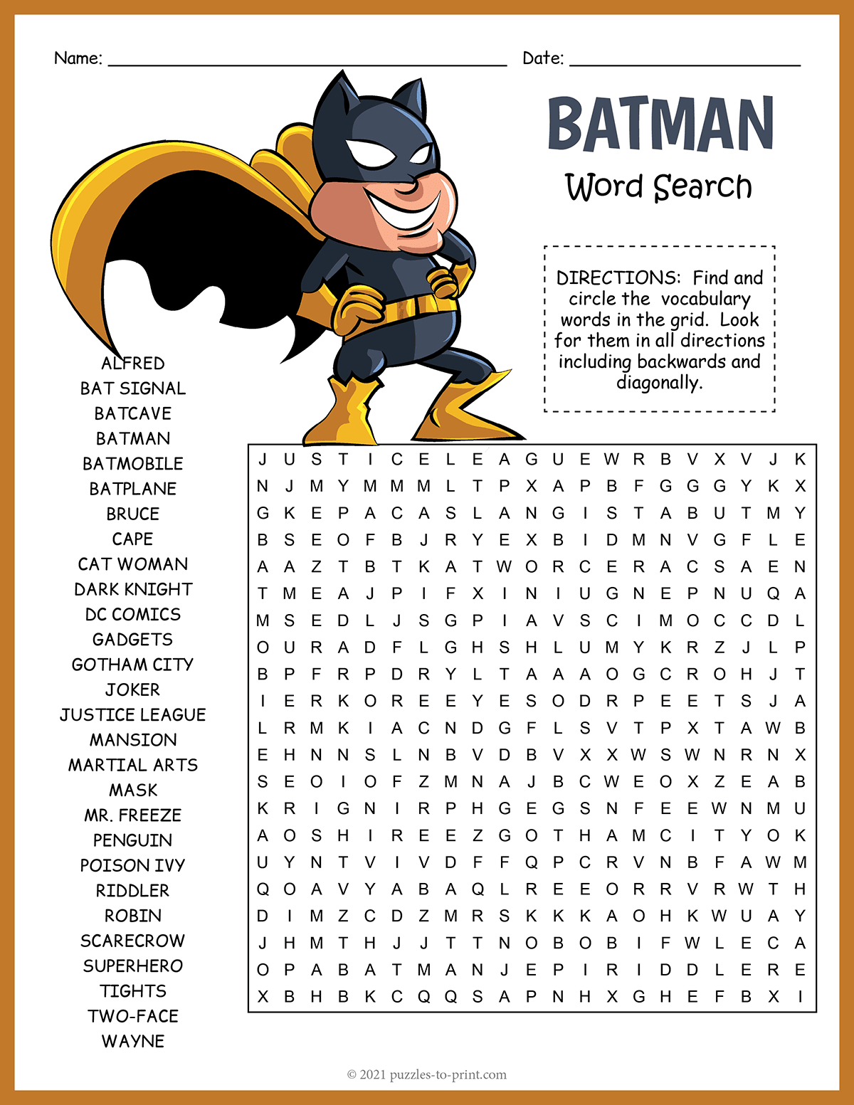 Free Printable Batman Word Search
