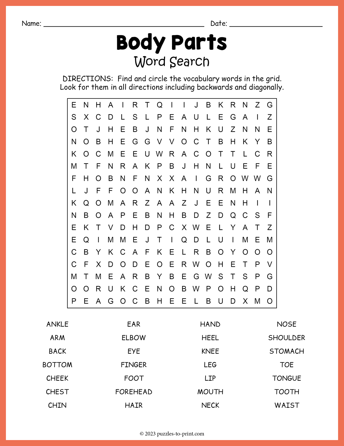 Free Printable Body Parts Word Search
