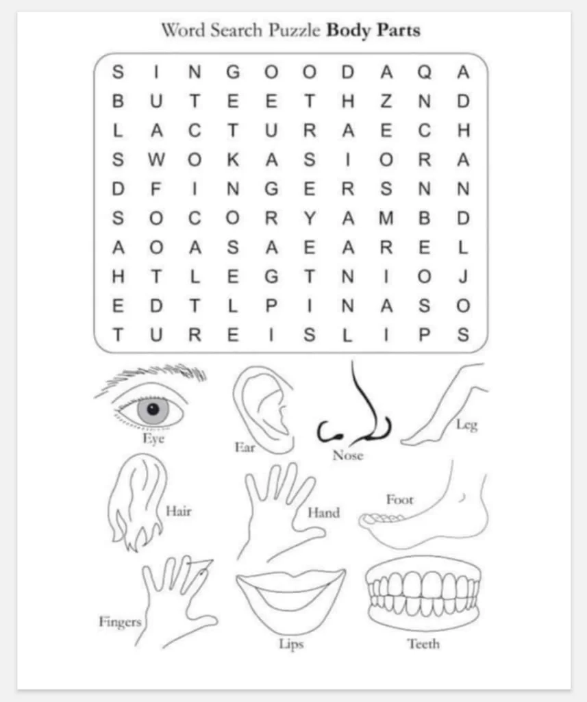 Free Printable Body Parts Worksheets Pdf Activity School For Kids