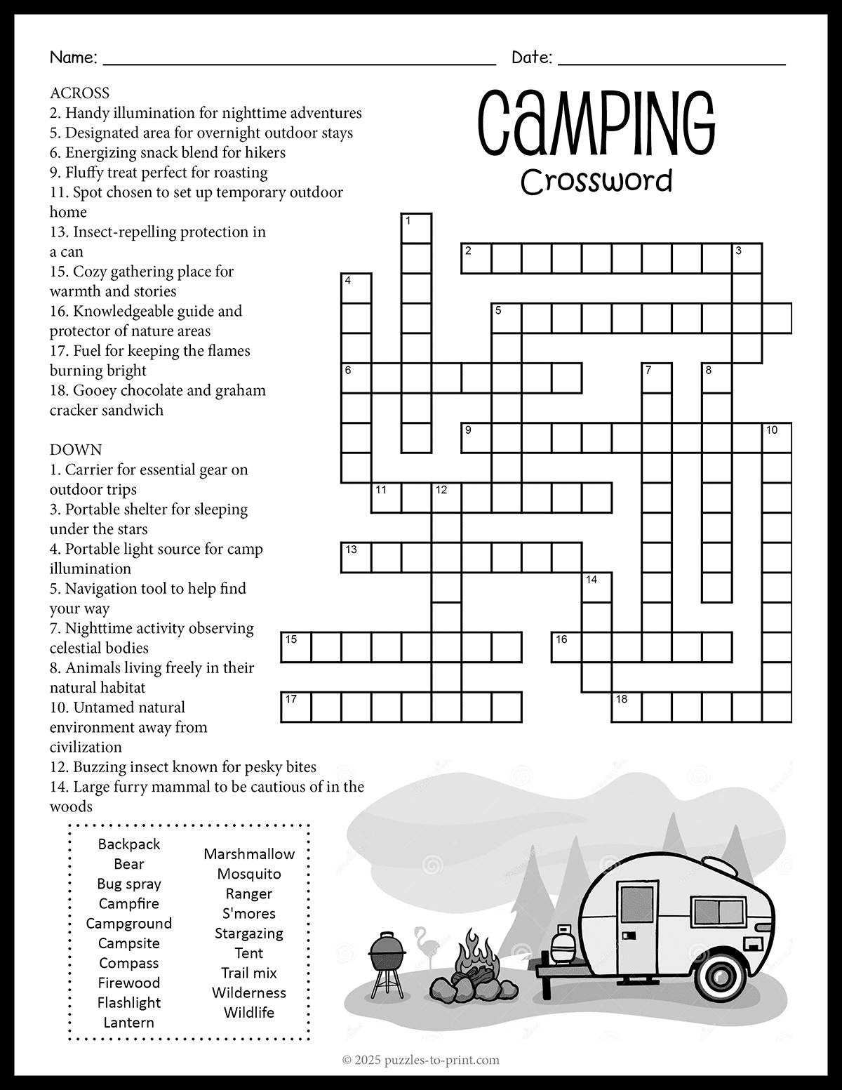 Free Printable Camping Crossword