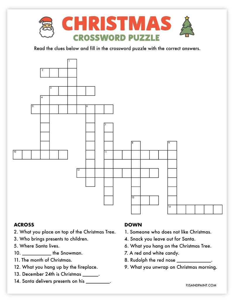 Free Printable Christmas Crossword Puzzle Pjs And Paint