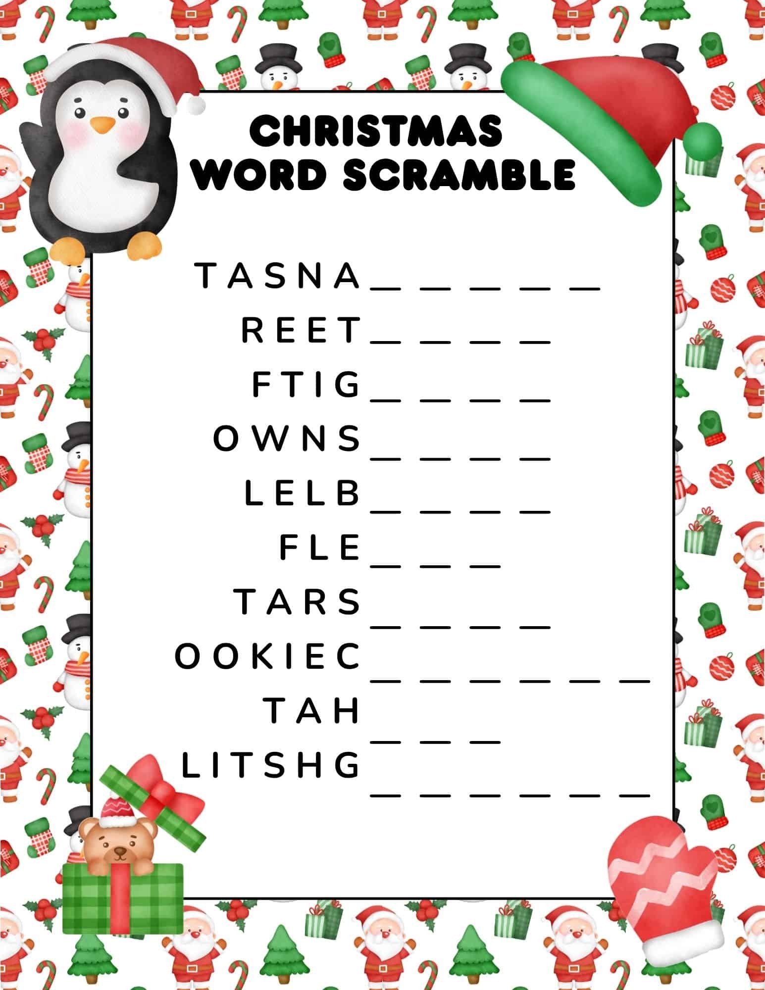 FREE Printable Christmas Word Scrambles For Kids 3 Levels 