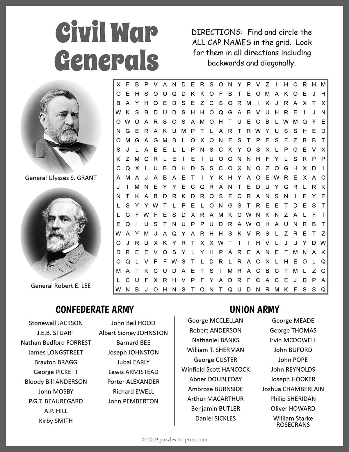 Free Printable Civil War Generals Word Search