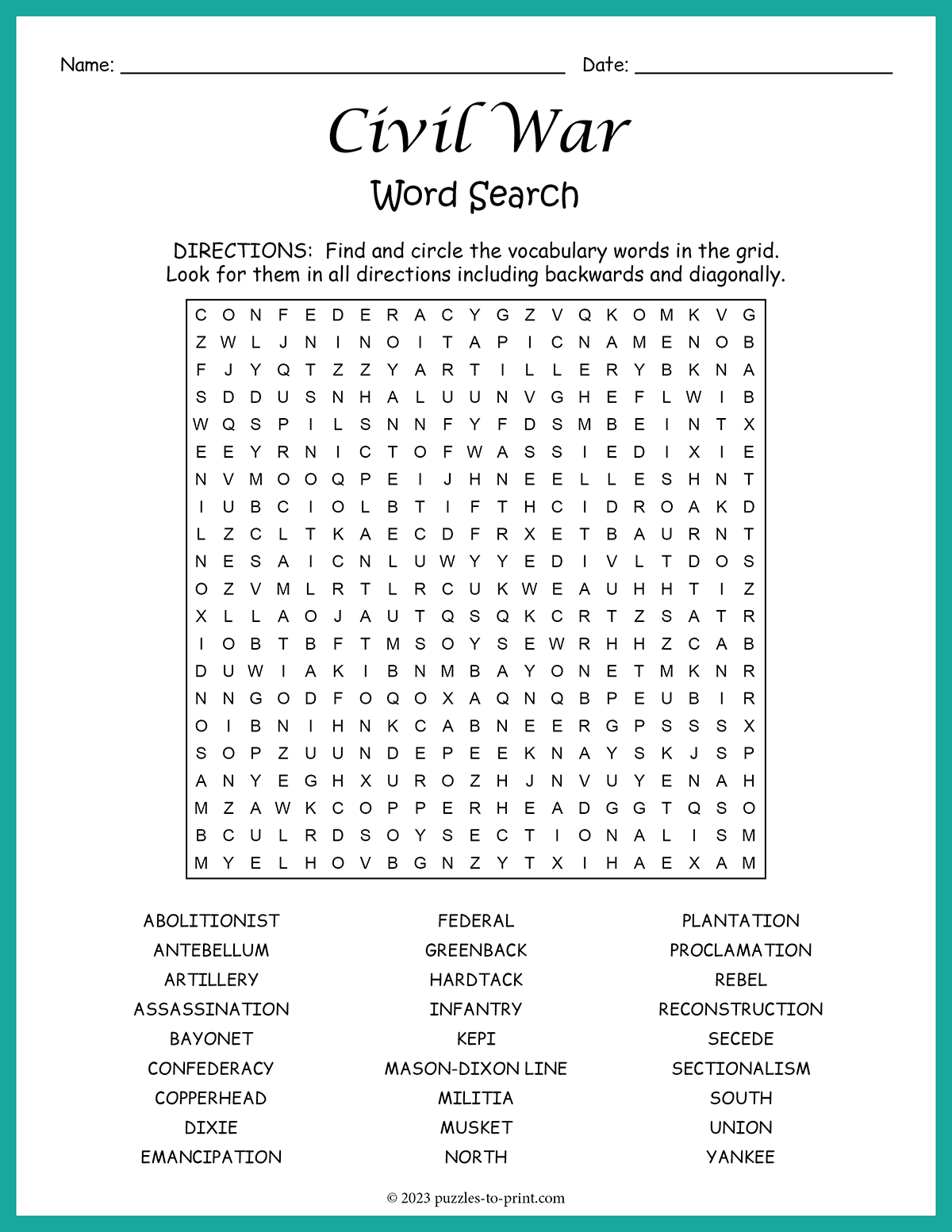 Free Printable Civil War Word Search