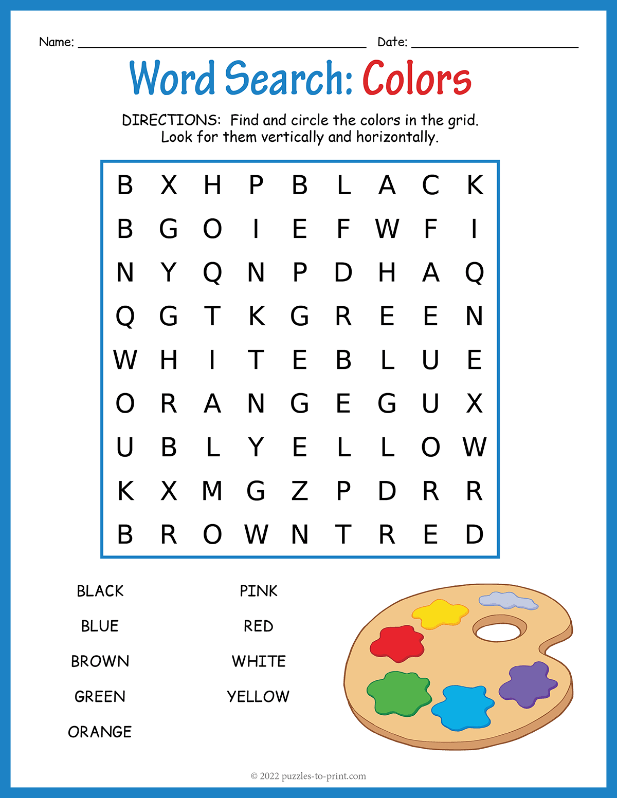 Free Printable Colors Word Search