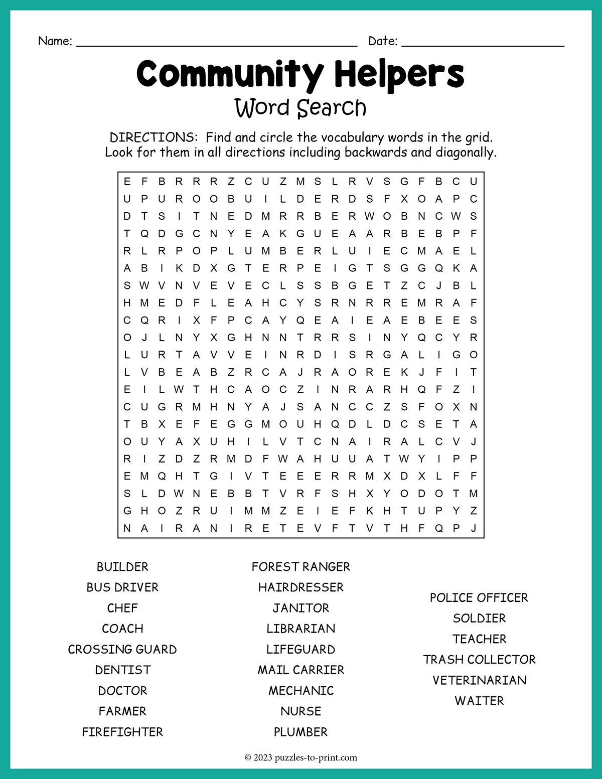 Free Printable Community Helpers Word Search