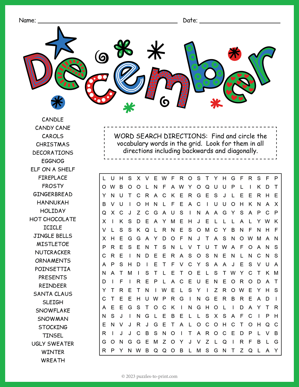 Free Printable December Word Search