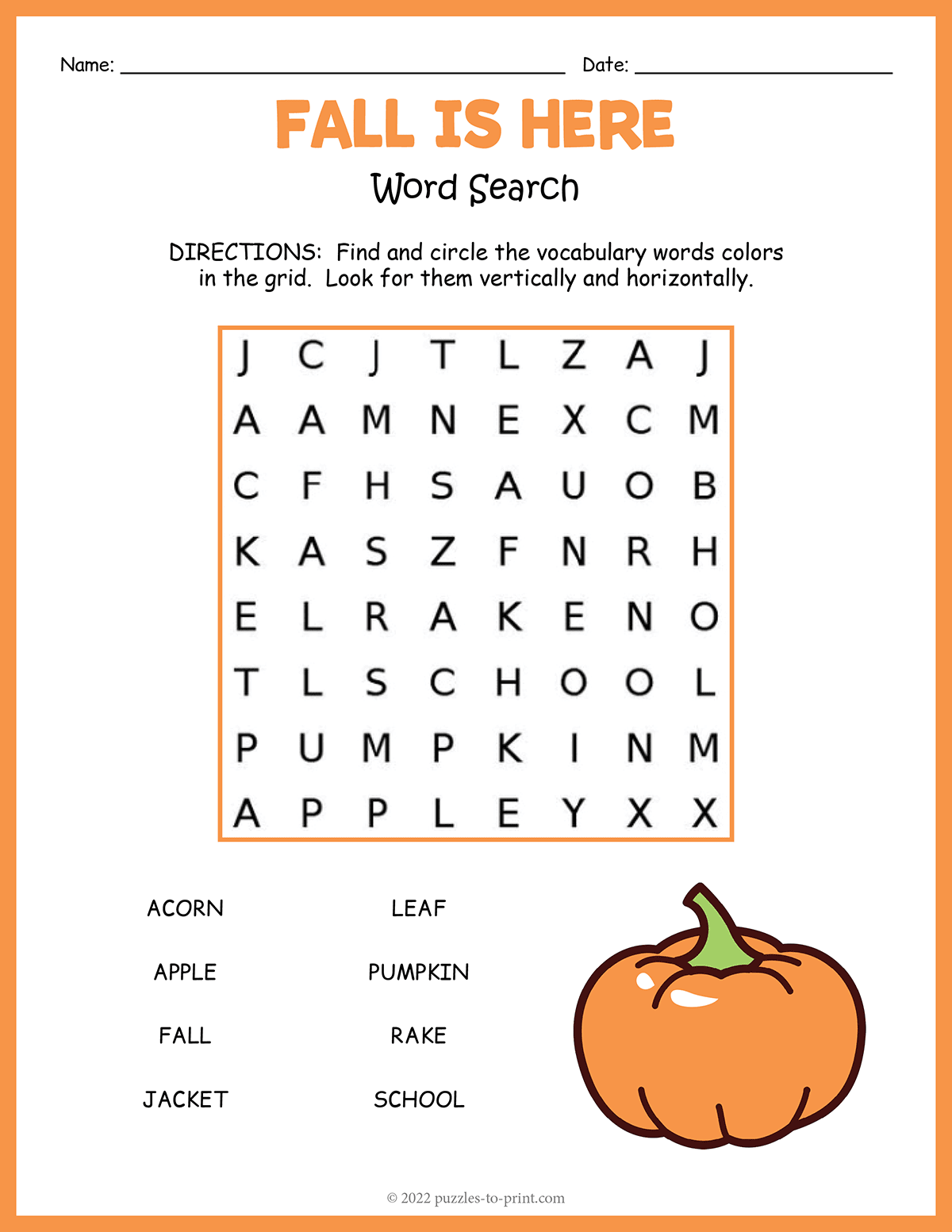 Free Printable Easy Fall Word Search