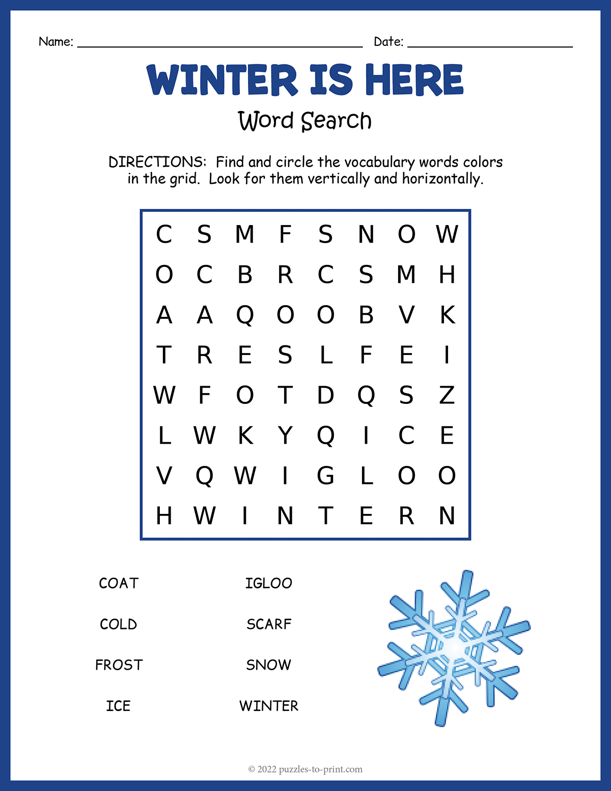 Free Printable Easy Winter Word Search