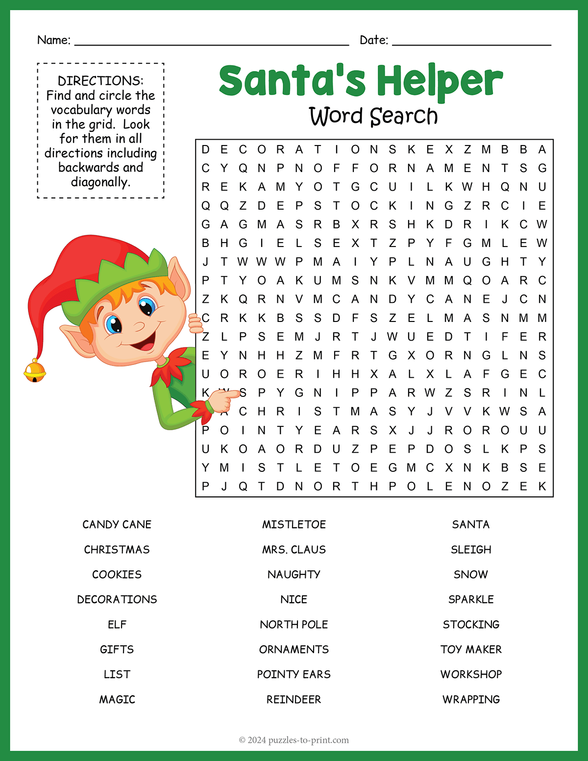 Free Printable Elf Word Search
