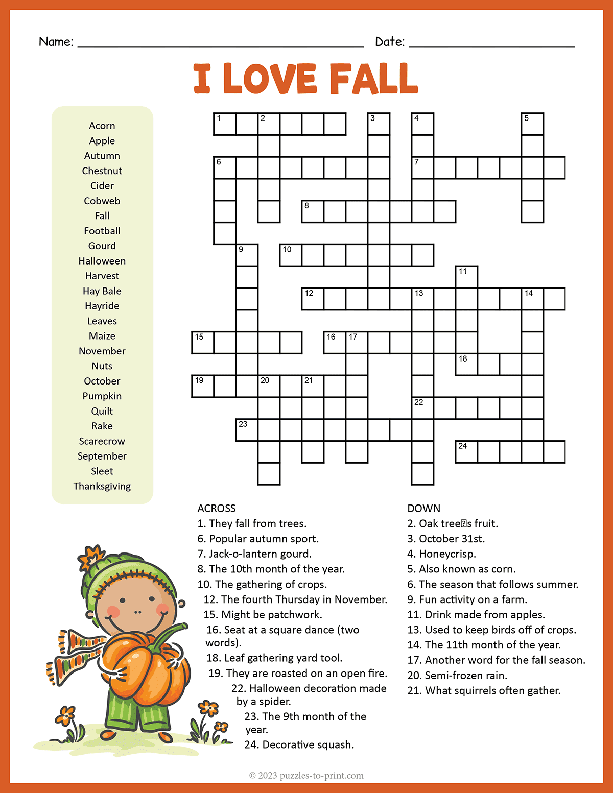Free Printable Fall Crossword