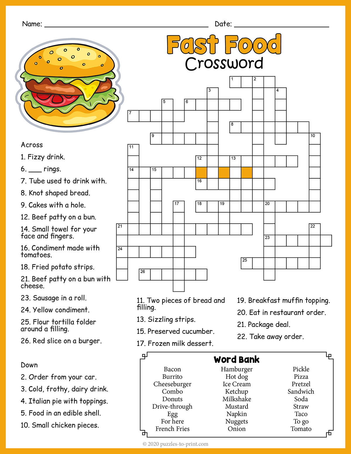 Free Printable Fast Food Crossword