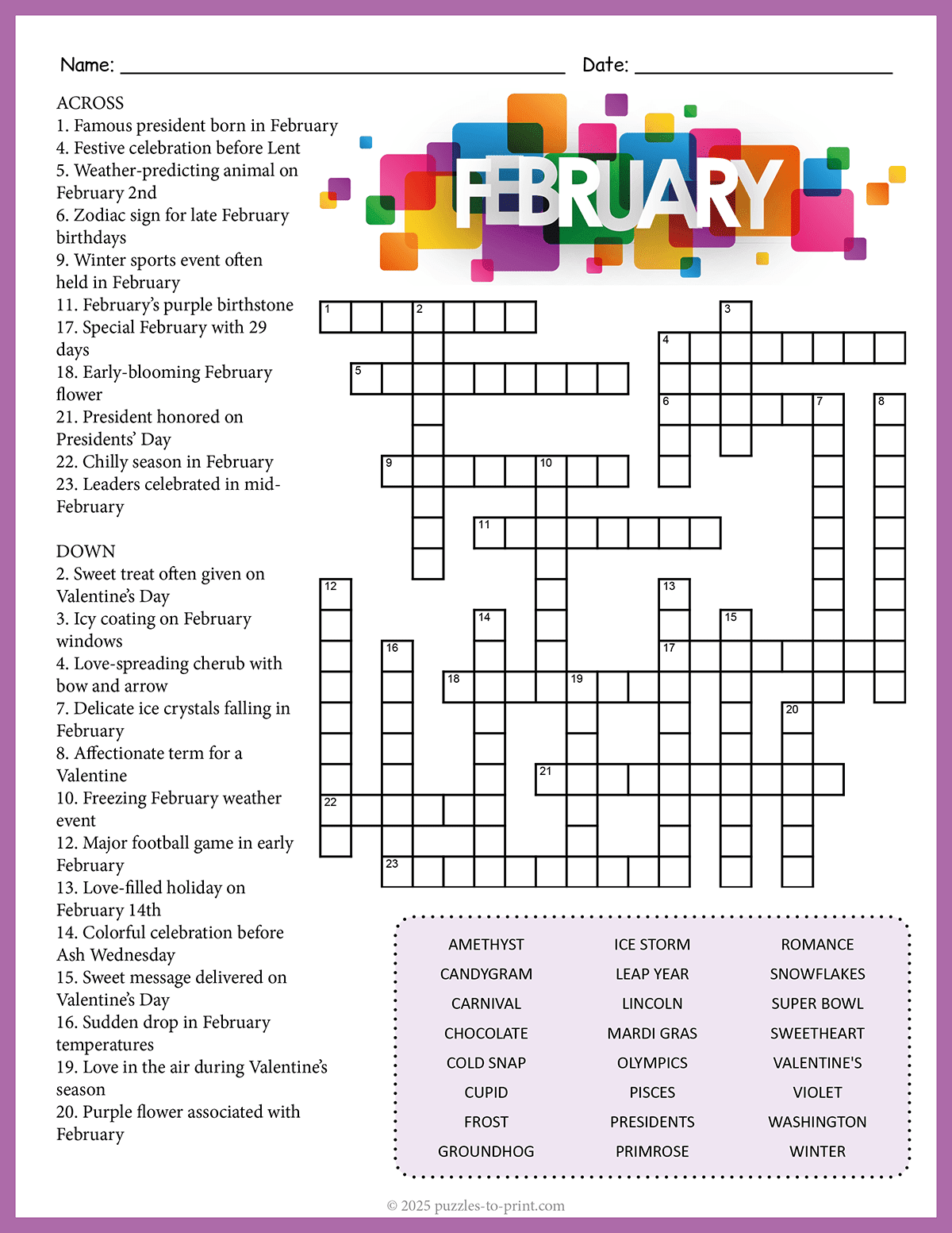 Free Printable February Crossword