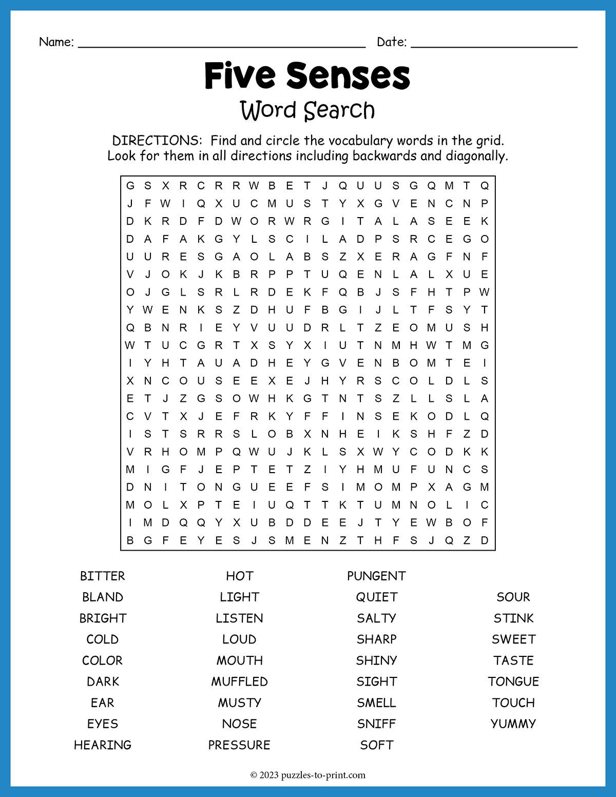 Free Printable Five Senses Word Search