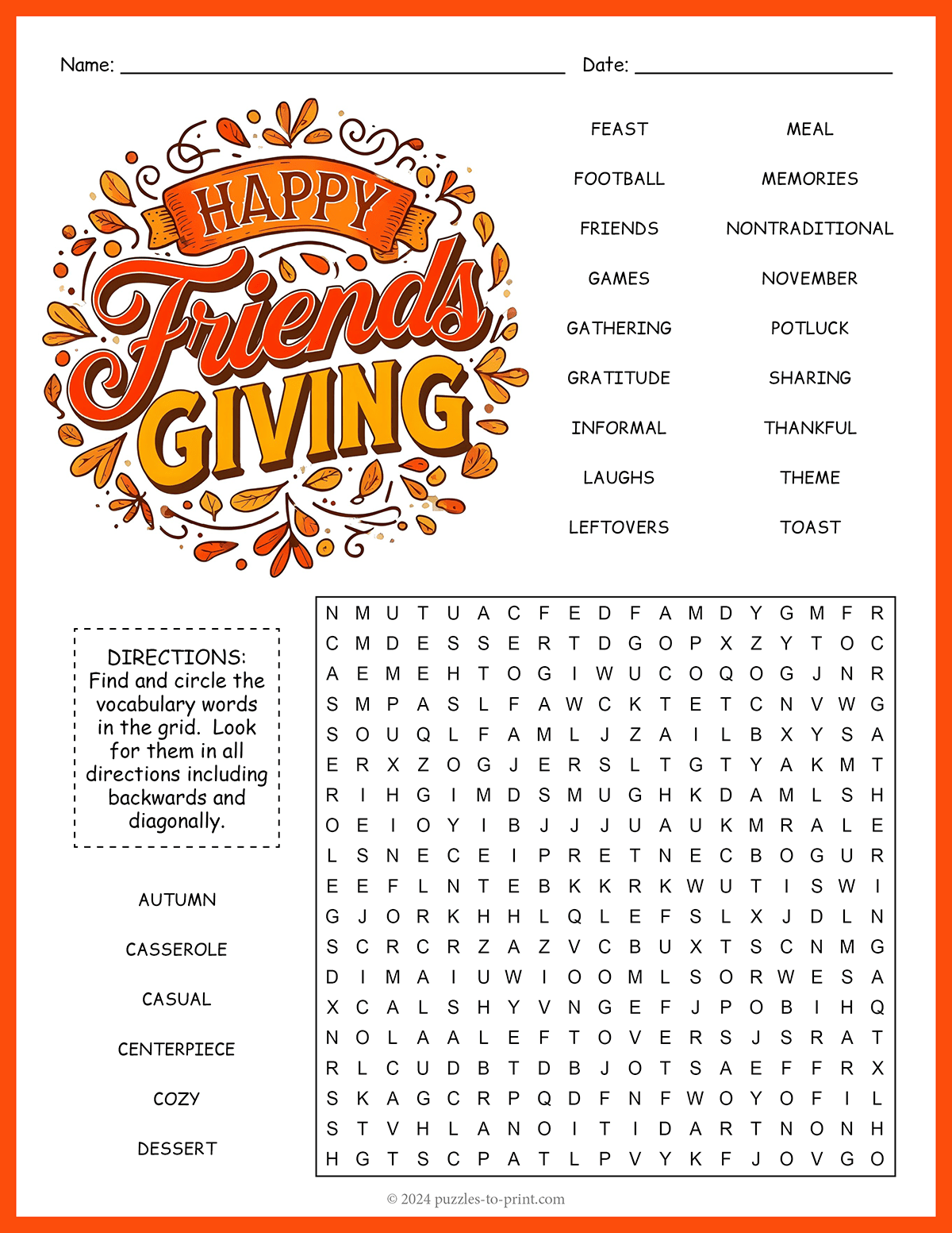 Free Printable Friendsgiving Word Search