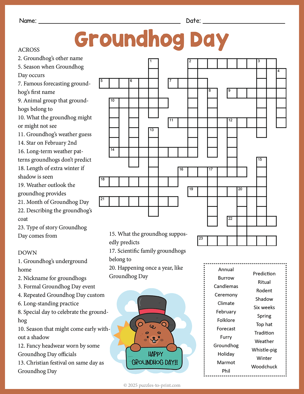 Free Printable Groundhog Day Crossword