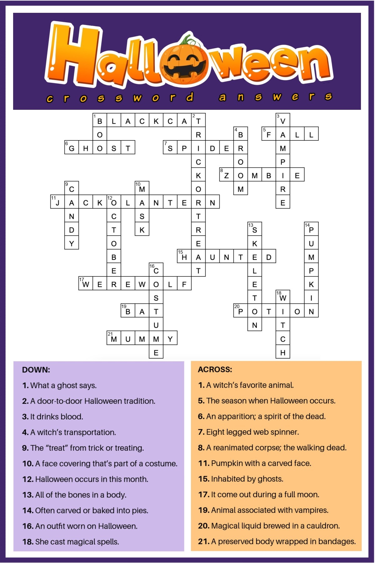 Free Printable Halloween Crossword Puzzle Answer Key Included