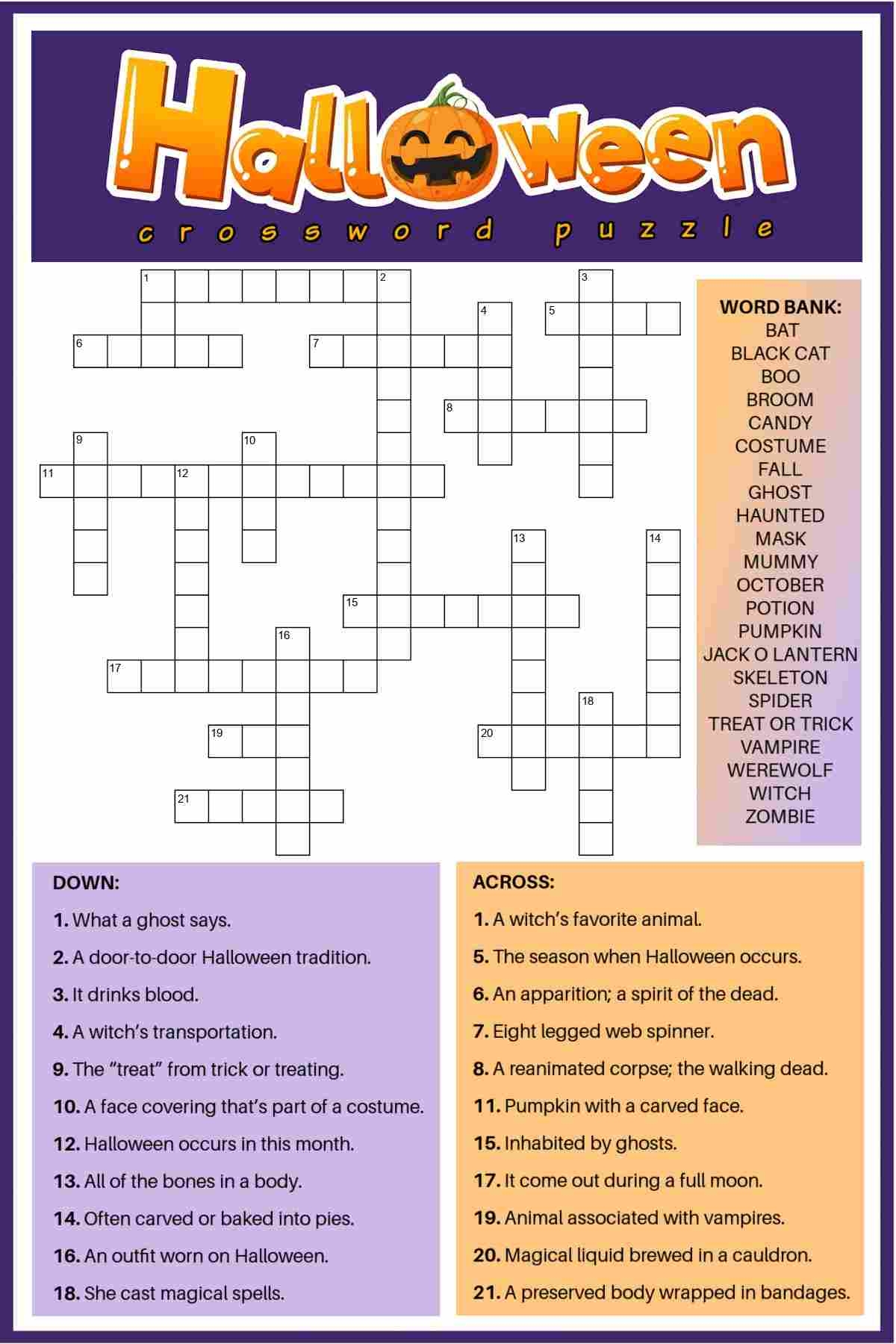Free Printable Halloween Crossword Puzzle Answer Key Included