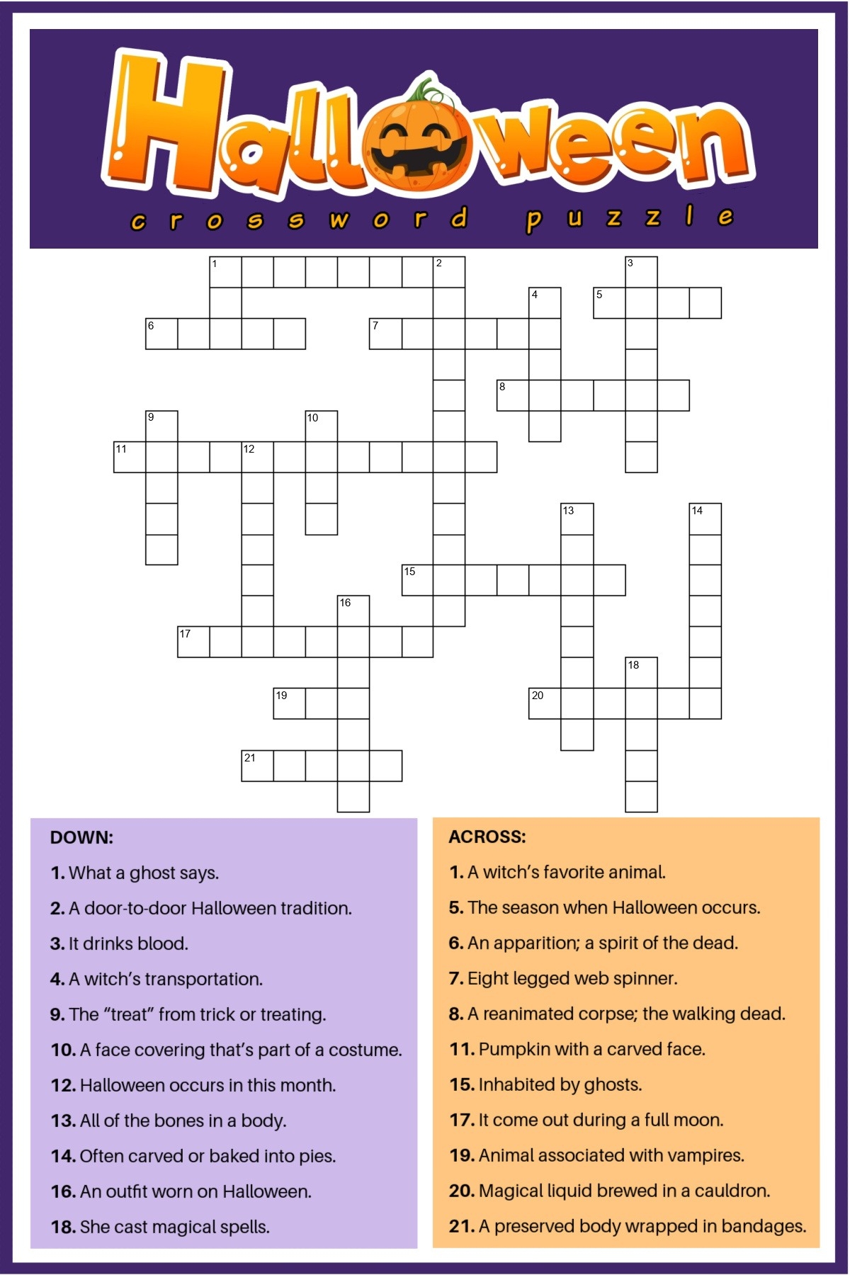 Free Printable Halloween Crossword Puzzle Answer Key Included