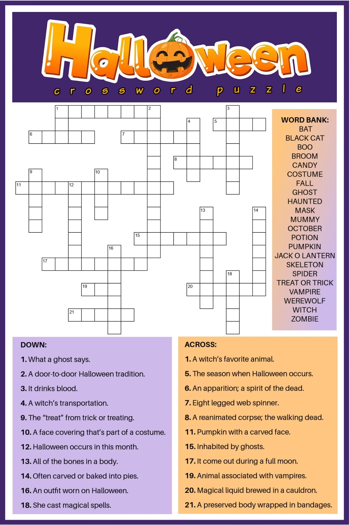 Free Printable Halloween Crossword Puzzle Answer Key Included